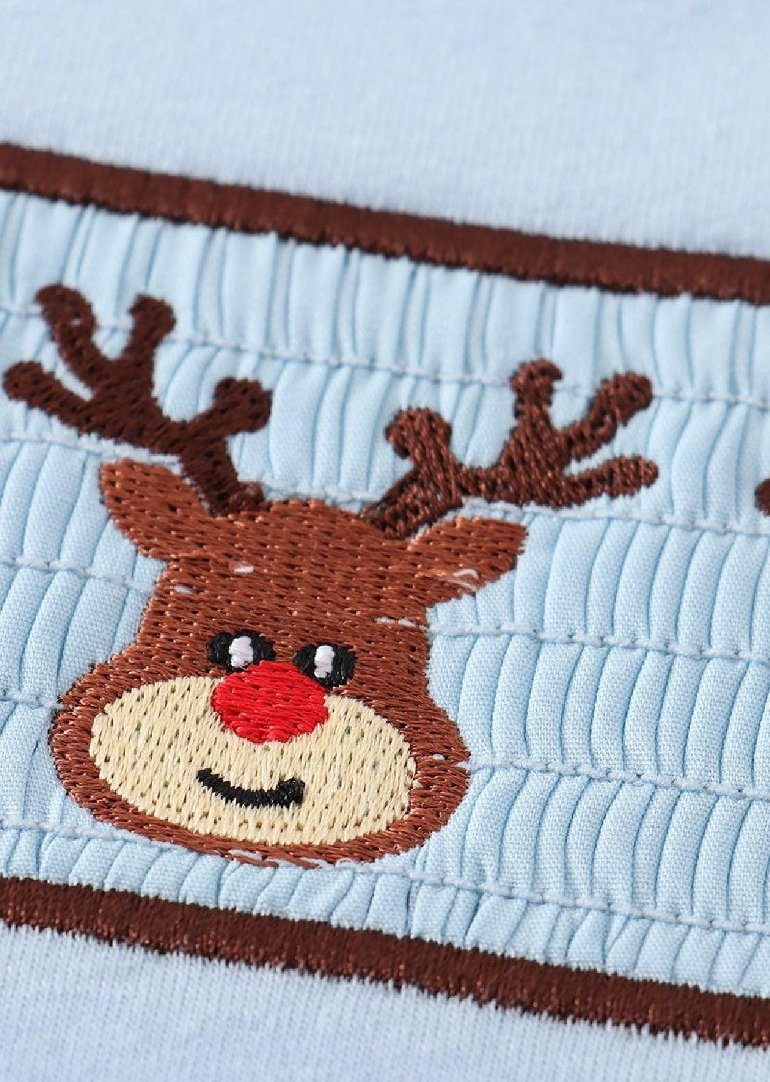 Boy's Boutique Blue Christmas Reindeer Smocked Embroidered Embroidery Bubble Romper Outfit Sibling Matching