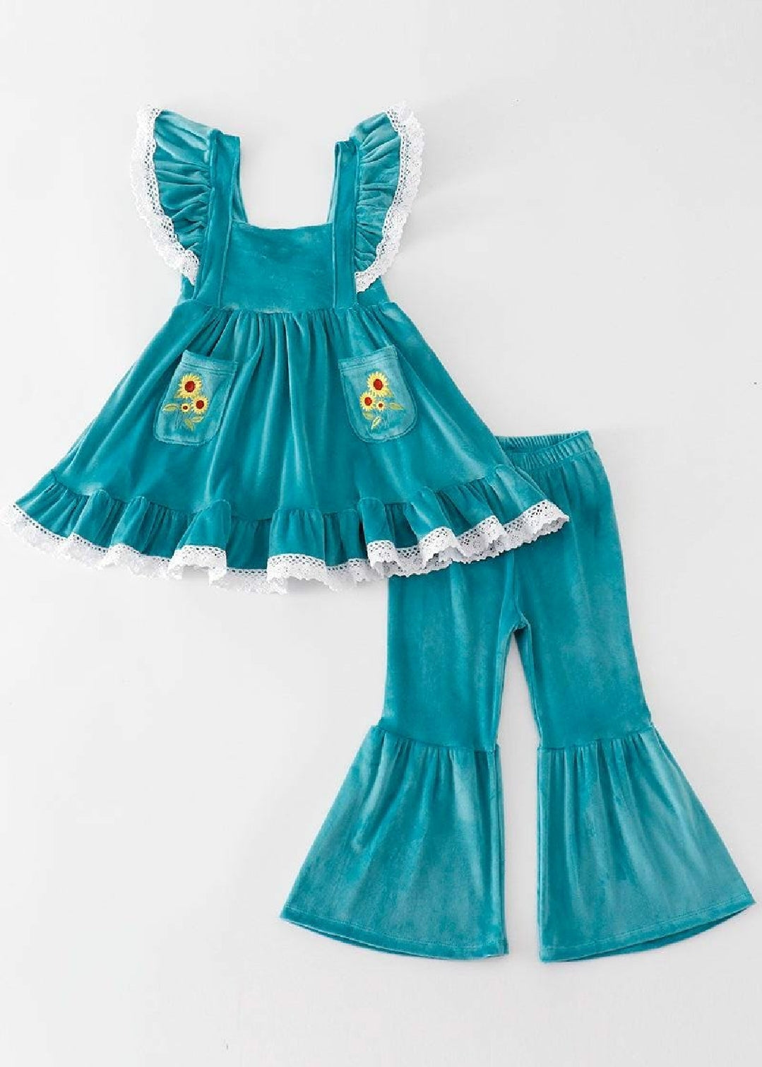 Girl's Boutique Blue Velvet Sunflowes Lace Embroidered Embroidery Two Piece Flare Pants Set Outfit Matching Sibling