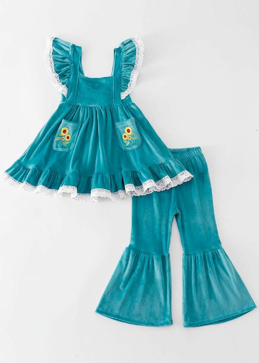 Girl's Boutique Blue Velvet Sunflowes Lace Embroidered Embroidery Two Piece Flare Pants Set Outfit Matching Sibling