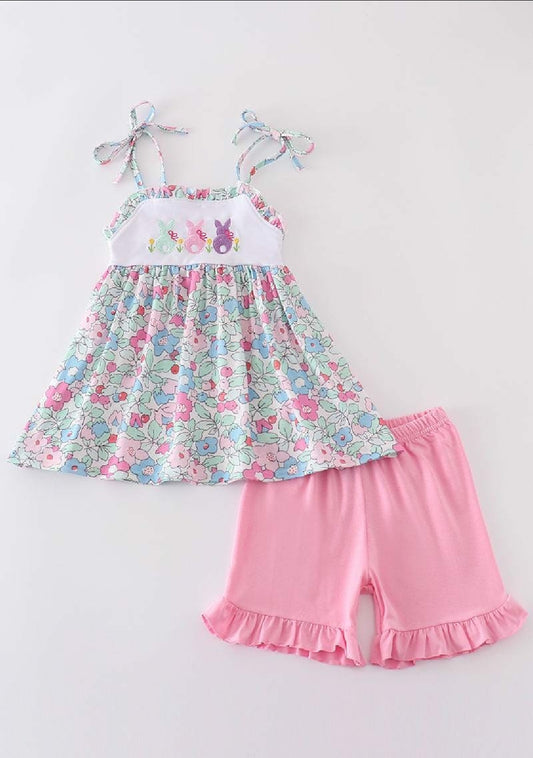 Girl's Boutique Easter Floral Bunny Two Piece Short Set Outfit Sibling Matching Embroidered Embroidery