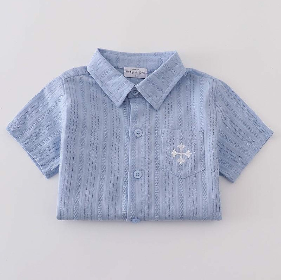 Boy's Boutique Premium Blue Easter Cross Embroidered Embroidery Button Down Top Matching Sibling