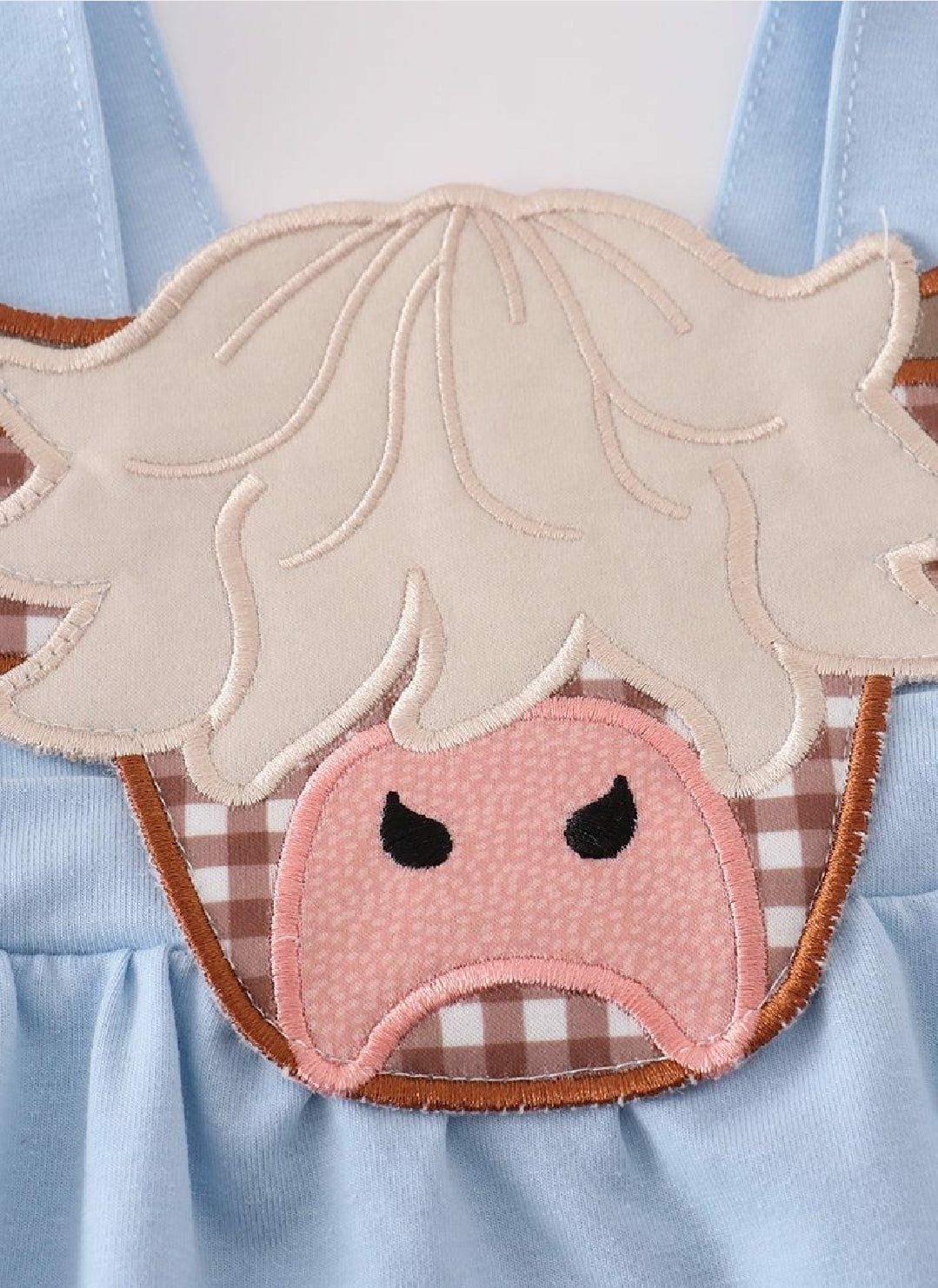 Boy's Boutique Blue Highland Cow Applique Embroidered Embroidery Romper Outfit Matching Sibling