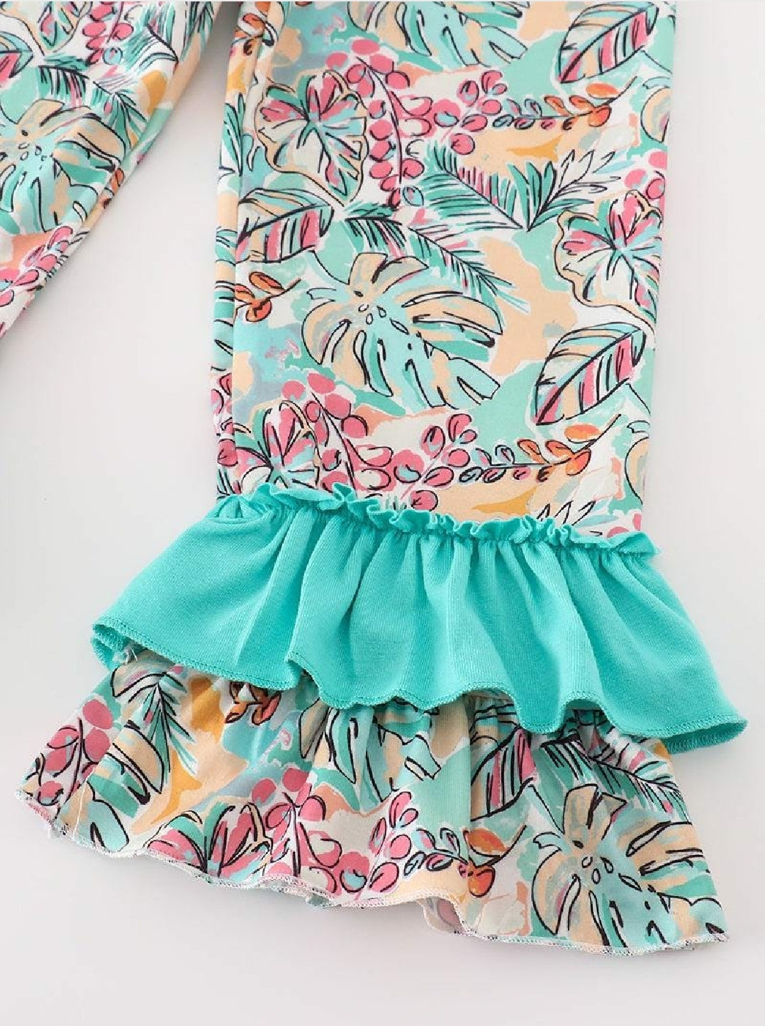 Girl's Boutique Teal Floral Print Forest Animal Embroidered Embroidery Baby Toddler 2PC Set Matching Sibling