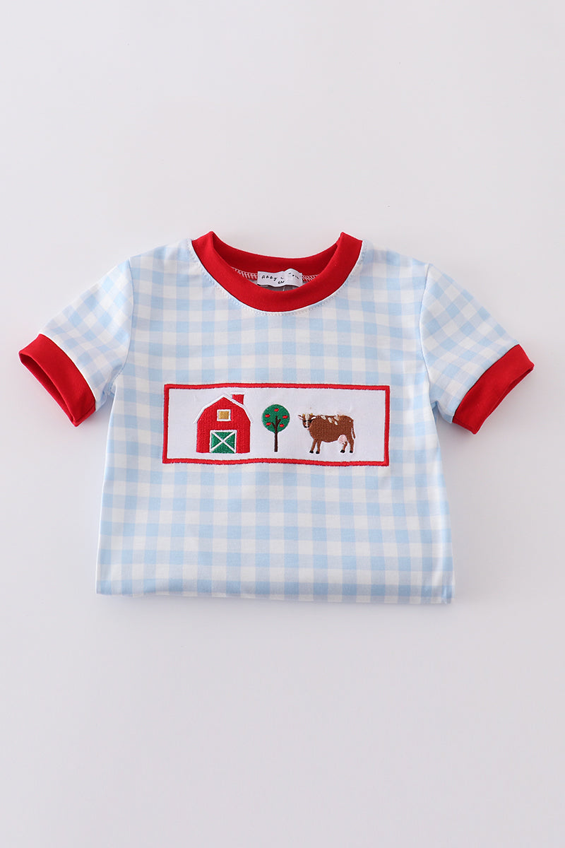 Boy's Boutique Blue Farm Farmer Cow Barn Embroidered Embroidery Romper Outfit Matching Sibling