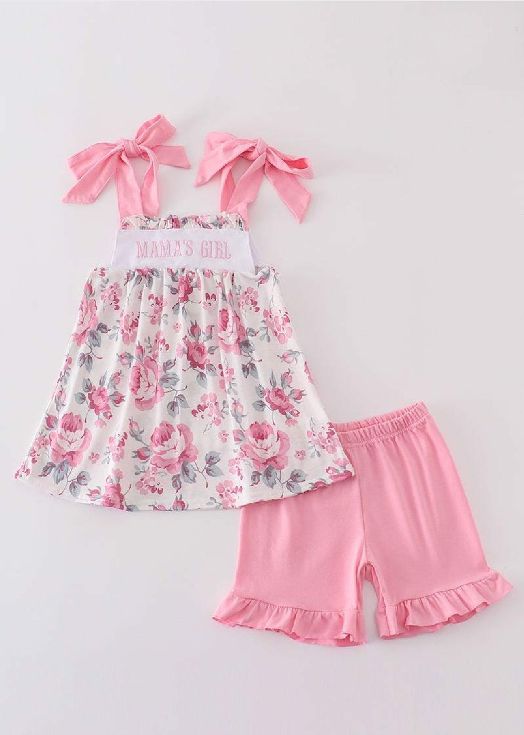 Girl's Boutique Pink Floral MAMA'S GIRL Embroidered Embroidery Ruffle Shorts Set Outfit Matching Sibling