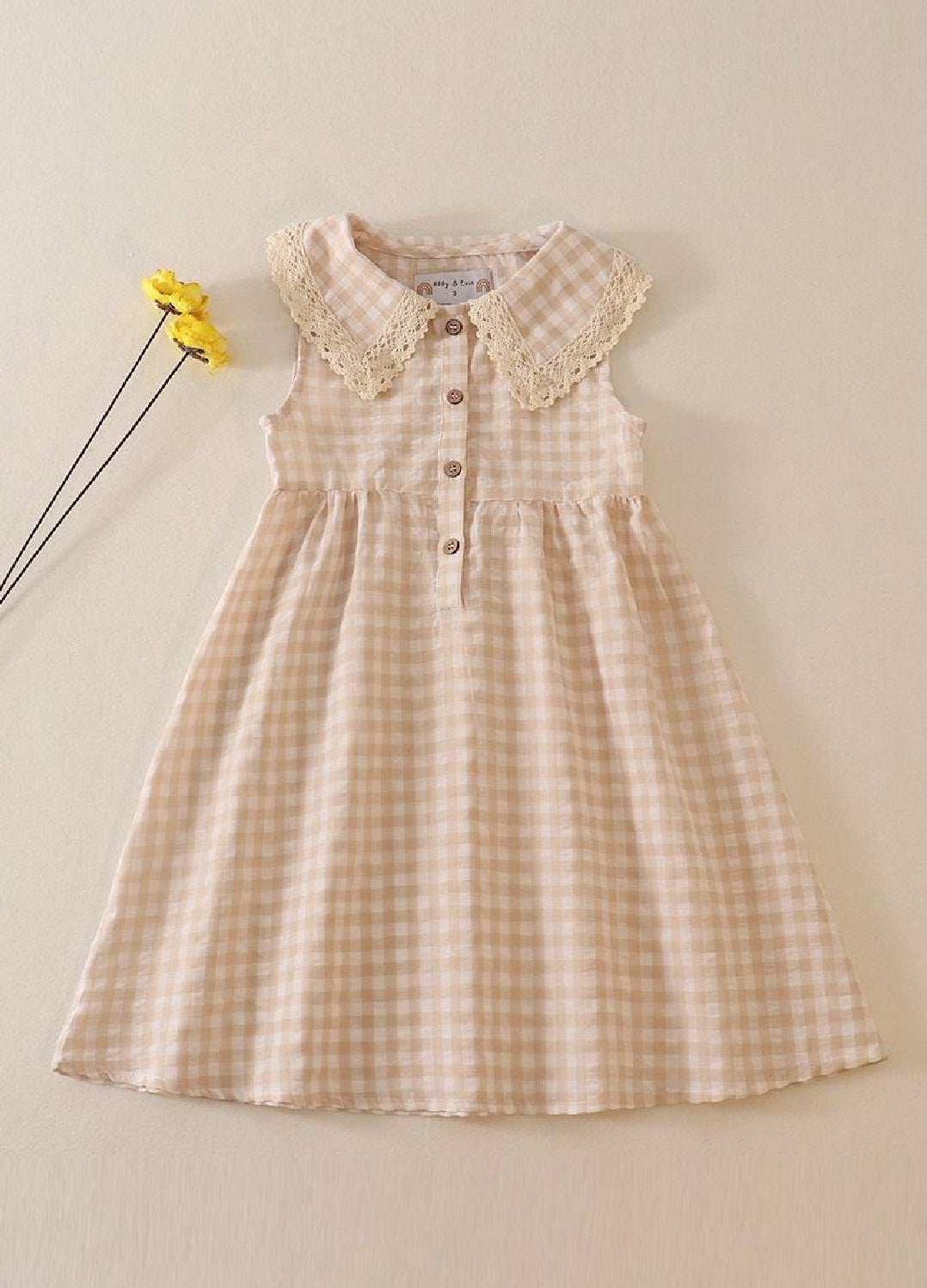 Girl's Boutique Cream Plaid Linen Button Down Checkered Lace Picnic Dress Matching Sibling