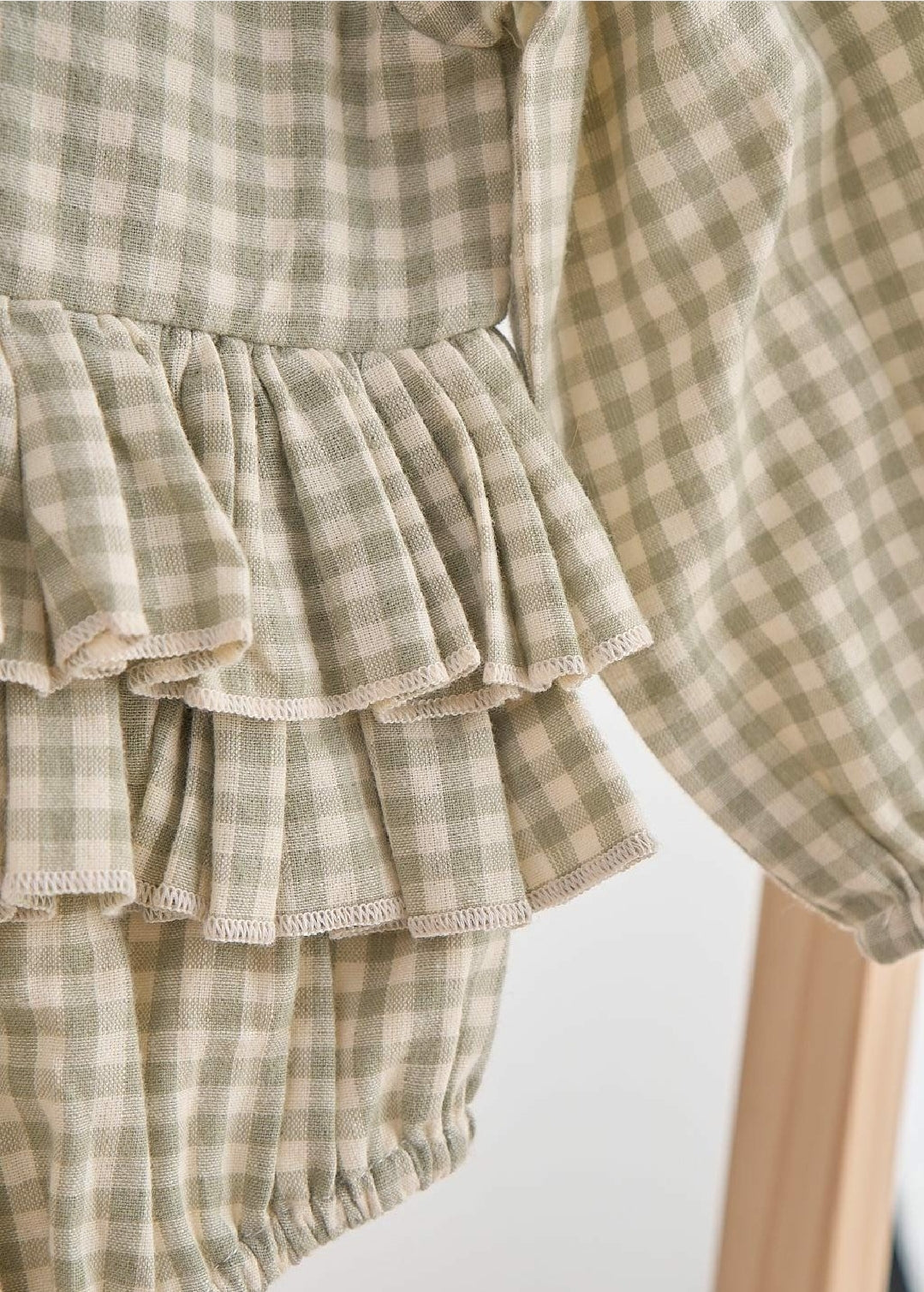 Girl's Boutique Green Plaid Linen Button Down Checkered Flannel Lace Bubble Romper Matching Sibling