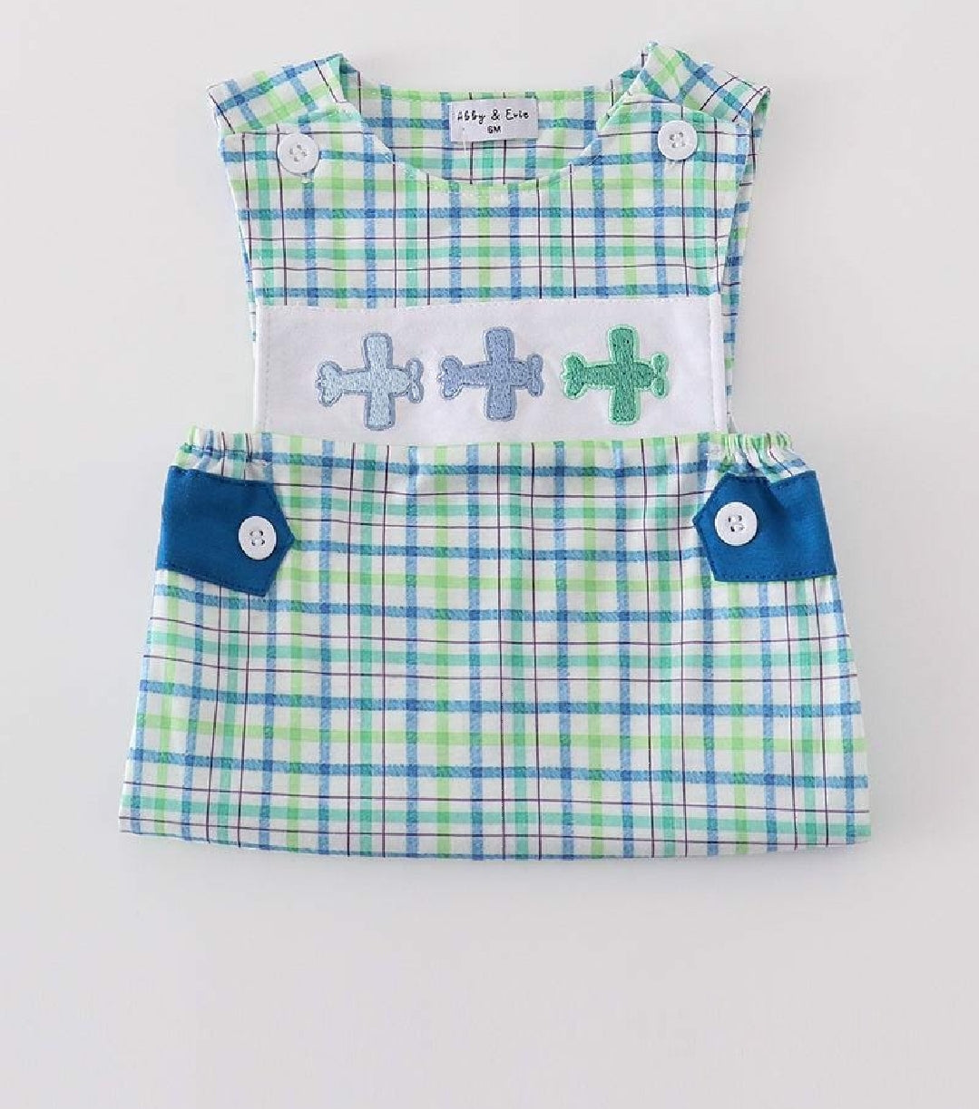 Boy's Boutique Blue Airplane Plaid JonJon Romper Sibling Matching Summer Plaid Embroidered Embroidery