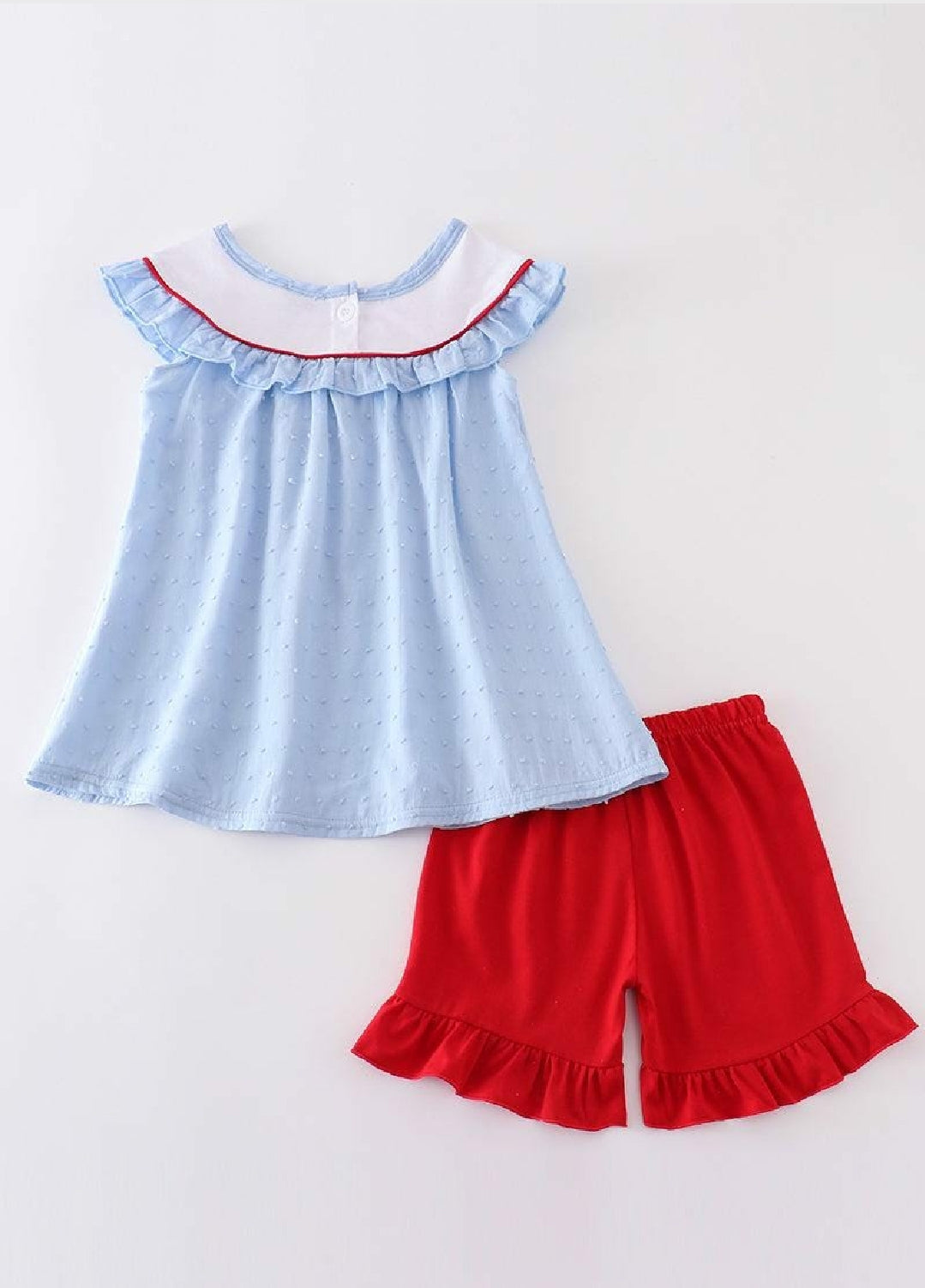 Girl's Boutique Patriotic Blue Swiss Dot Flag Two Piece Short Set Embroidery Embroidered 4th of July Sibling Matching