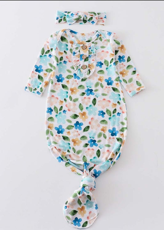 Girl's Boutique Blue Floral Print Bamboo Baby Knot One Piece Outfit And Matching Headband
