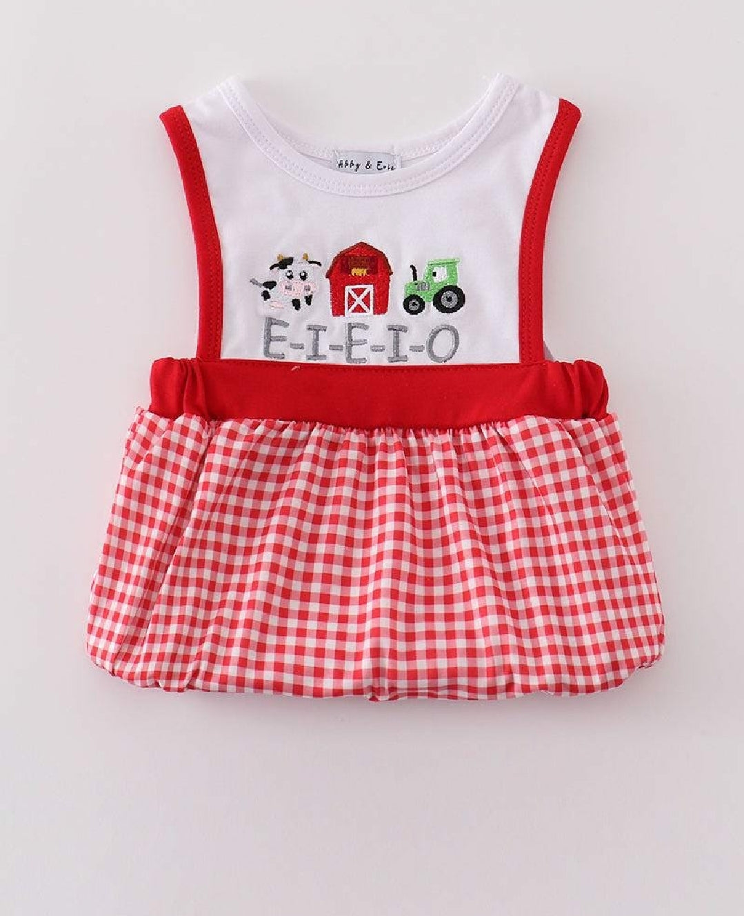 Boy's Boutique Red Farm E-I-E-I-O Applique Checkered Embroidered Embroidery Romper Outfit Matching Sibling