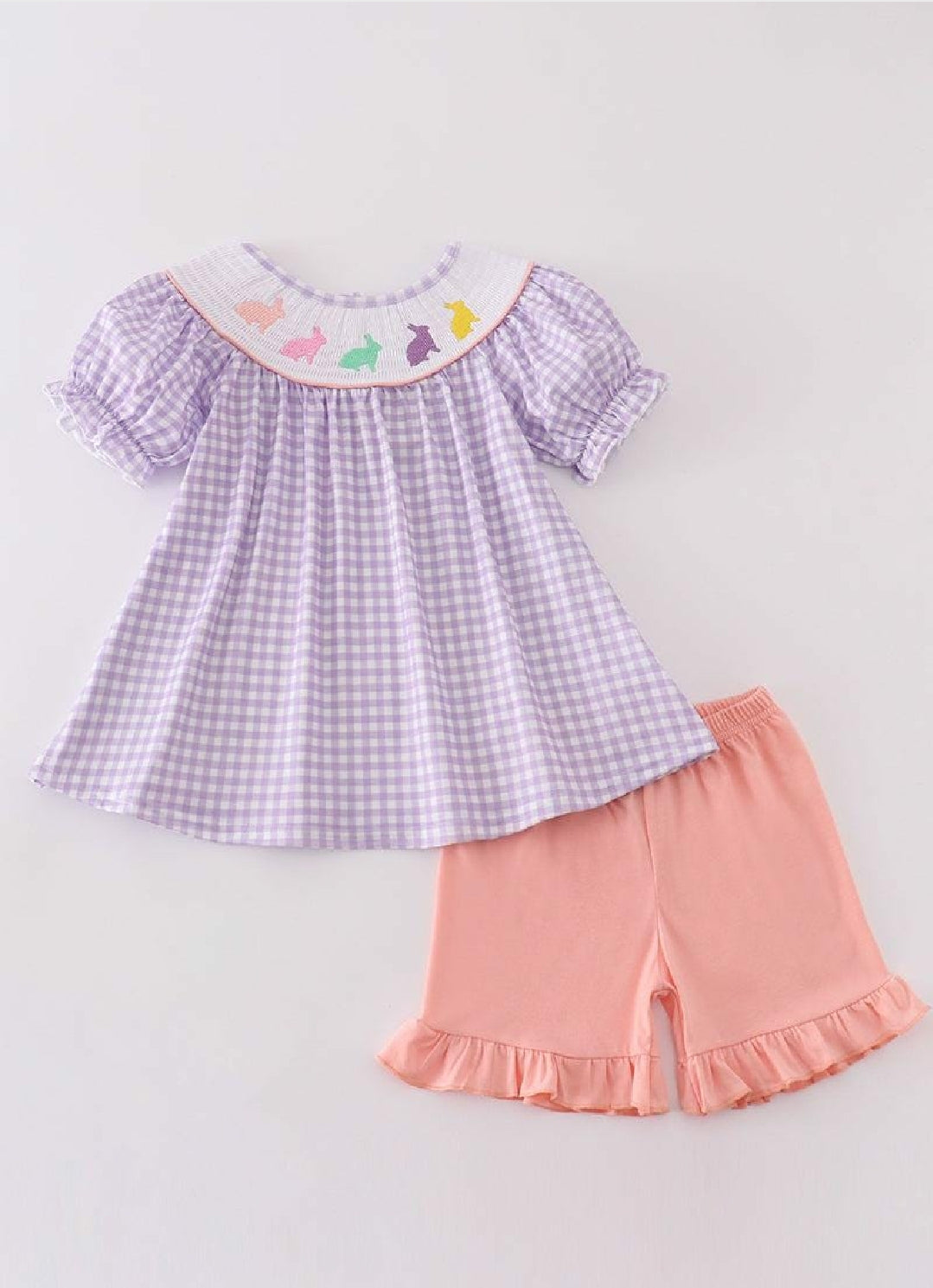 Girl's Boutique Purple Easter Bunny Smocked Embroidered Embroidery Two Piece Short Set Outfit Matching Sibling