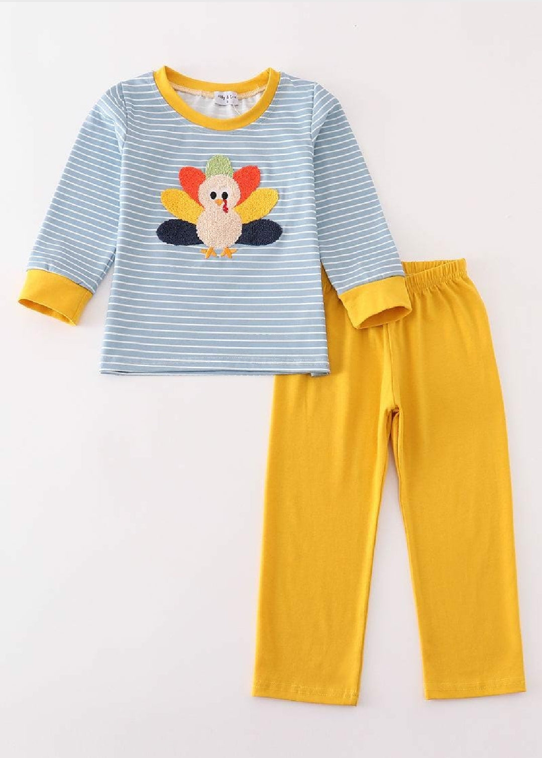 Boy's Boutique Blue Stripe Turkey French Knot Embroidered Embroidery Pants Set Matching Sibling Fall Thanksgiving