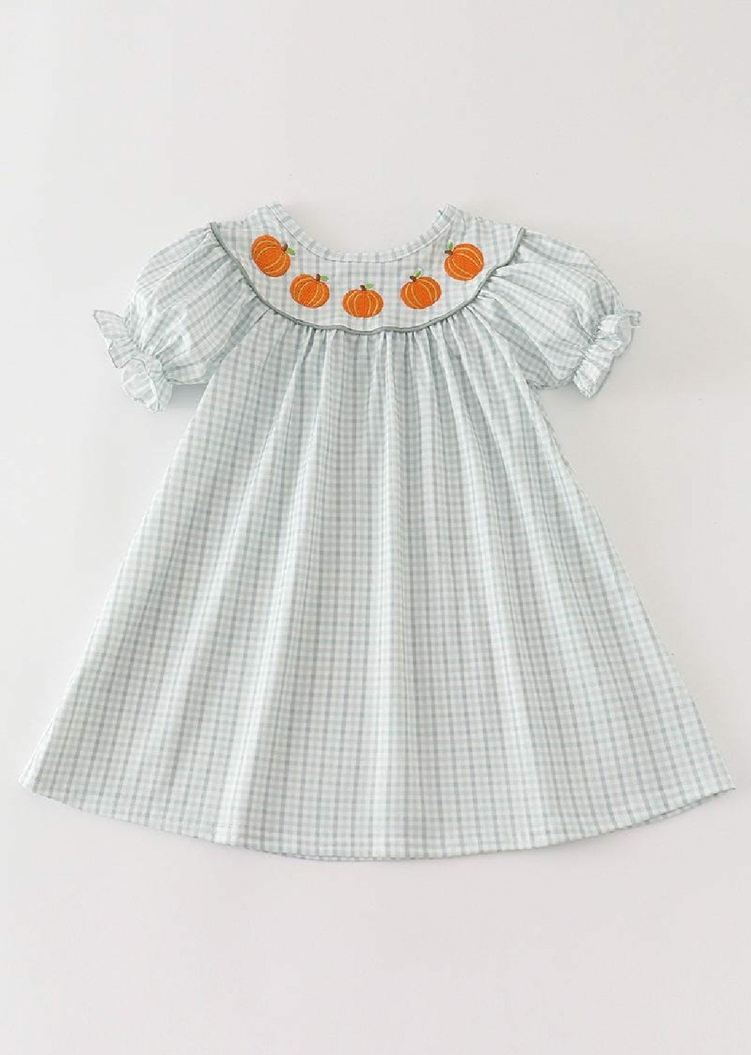 Girl's Boutique Cotton Green Pumpkin Checkard Embroidered Dress Matching Sibling