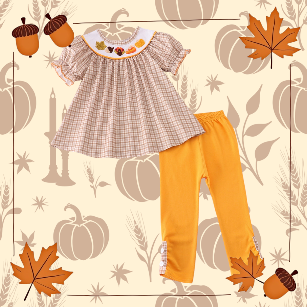 Abby & Evie Girls's Boutique Brown Plaid Turkey French Knot Embroidered Embroidery Thanksgiving Fall 2 Piece Outfit Matching Sibling