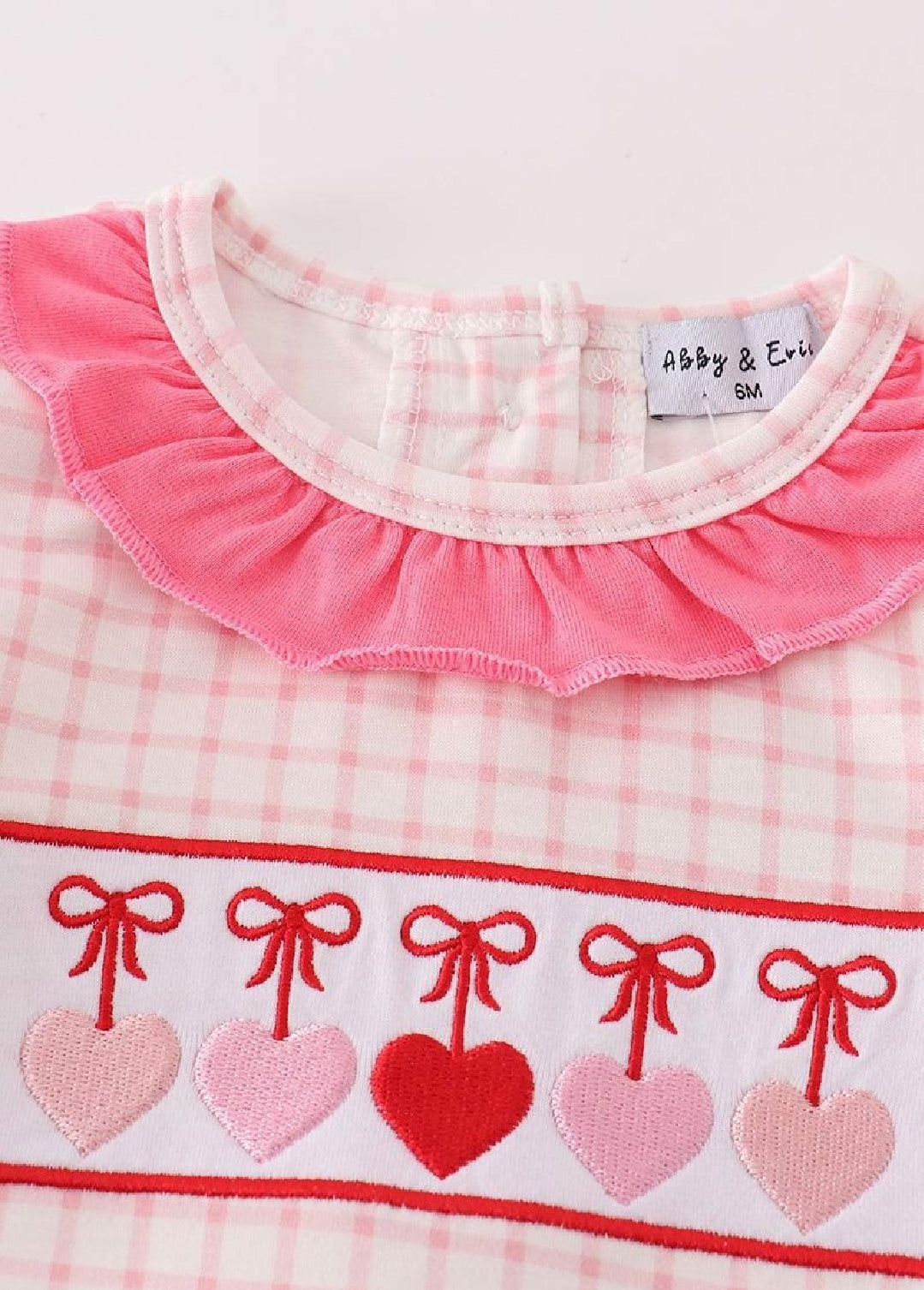 Girl's Boutique Pink Plaid Valentine Heart Applique Embroidery Embroidered Romper Matching Sibling