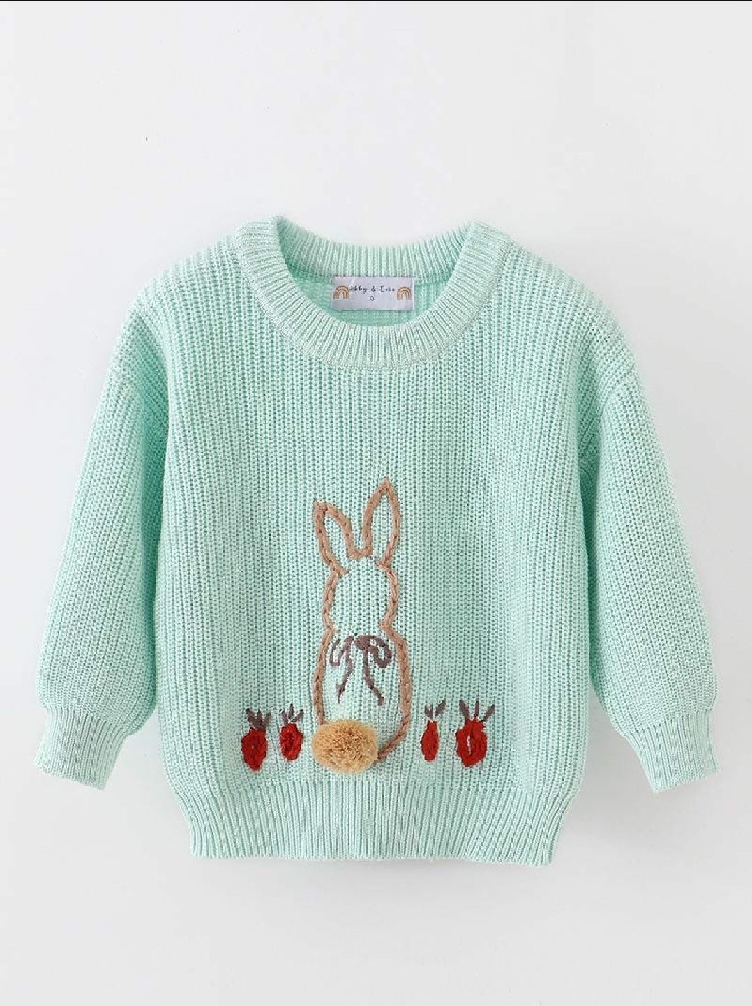Girl's Boutique Bluish Green Easter Hand-Embroided Handmade Hand-Embroidery Bunny Poof Pullover Sweater Matching Sibling