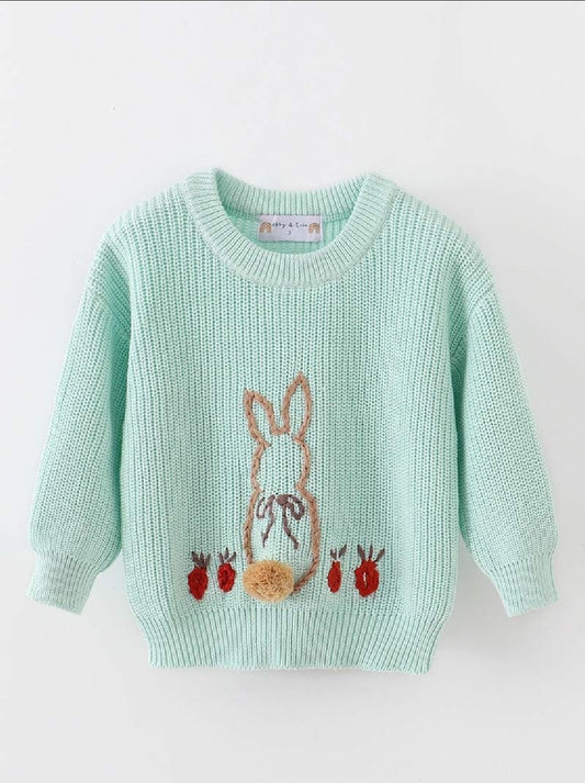 Girl's Boutique Bluish Green Easter Hand-Embroided Handmade Hand-Embroidery Bunny Poof Pullover Sweater Matching Sibling