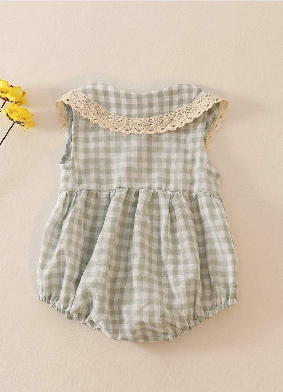 Girl's Boutique Green Plaid Linen Button Down Checkered Flannel Lace Bubble Romper Matching Sibling