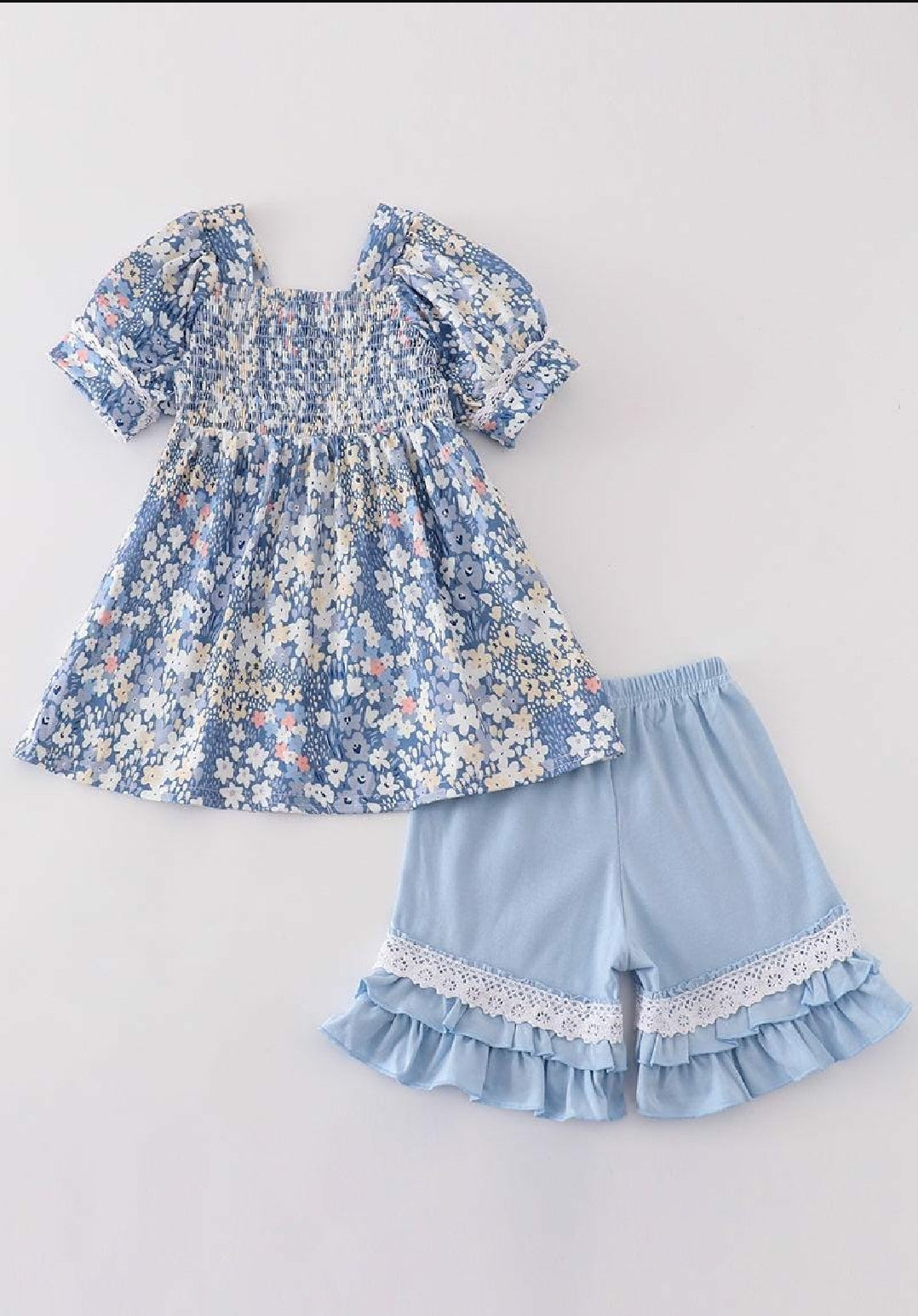 Girl's Boutique Blue Delicate Floral Lace Smocked 2 Piece Set Sibling Matching
