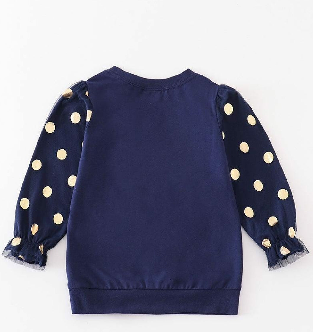 Girl's Boutique Premium Navy Polka Dot Peace Love Joy Party Top Winter Christmas Matching Sibling