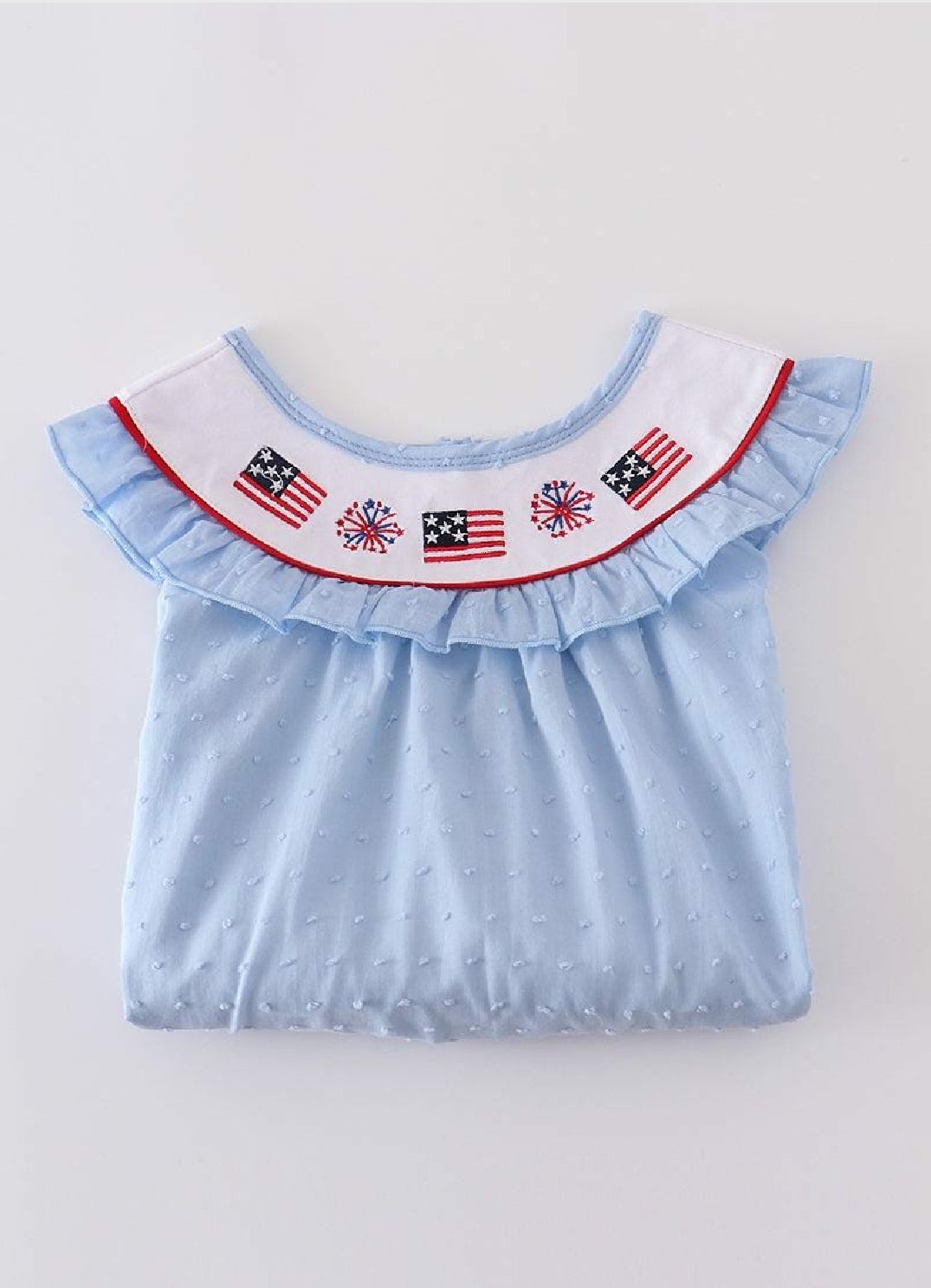 Girl's Boutique Patriotic Blue Swiss Dot Flag Two Piece Short Set Embroidery Embroidered 4th of July Sibling Matching