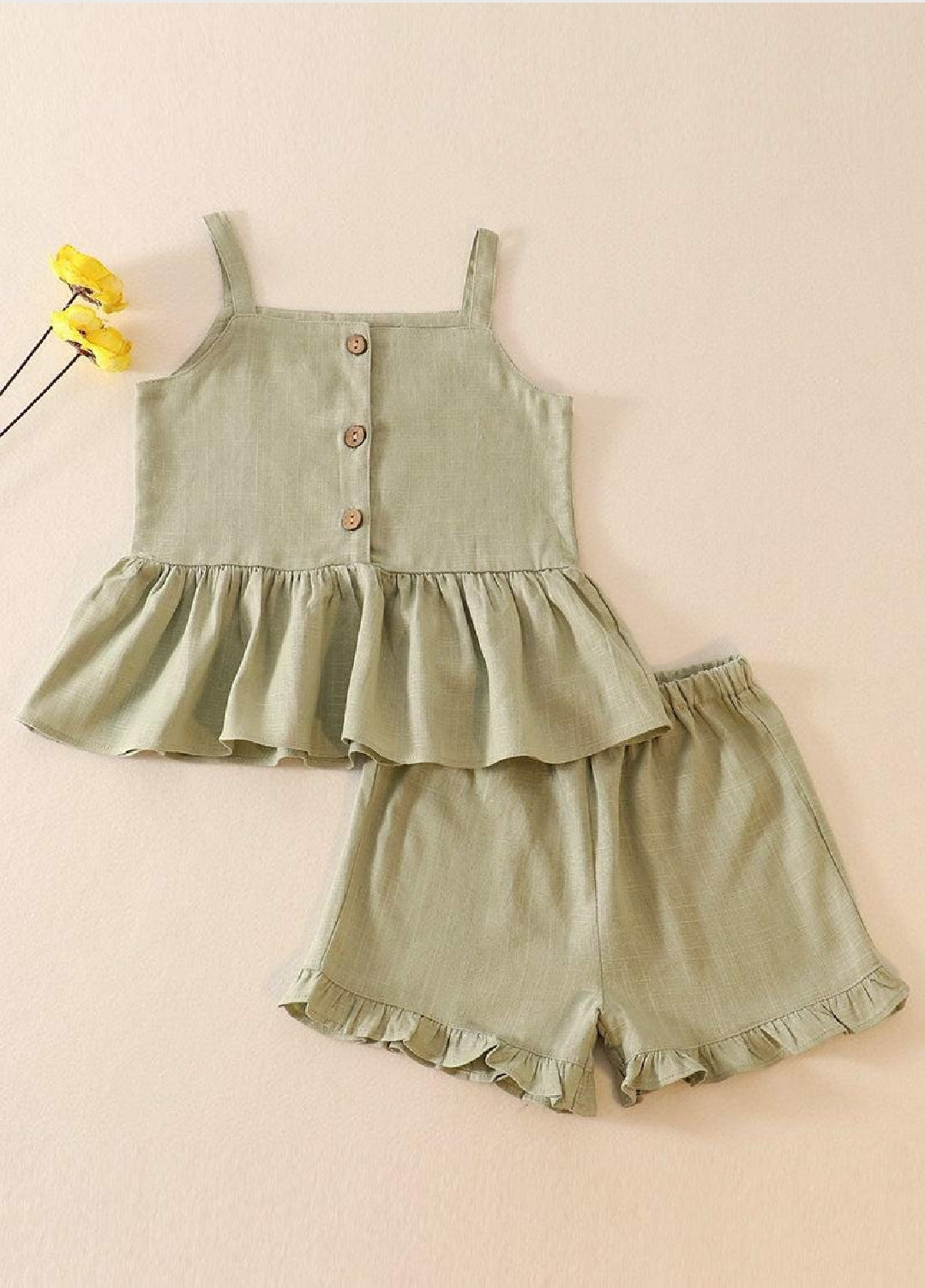Girl's Boutique Sage Green Linen Ruffle 2 Two Piece Summer Outfit Set Matching Sibling