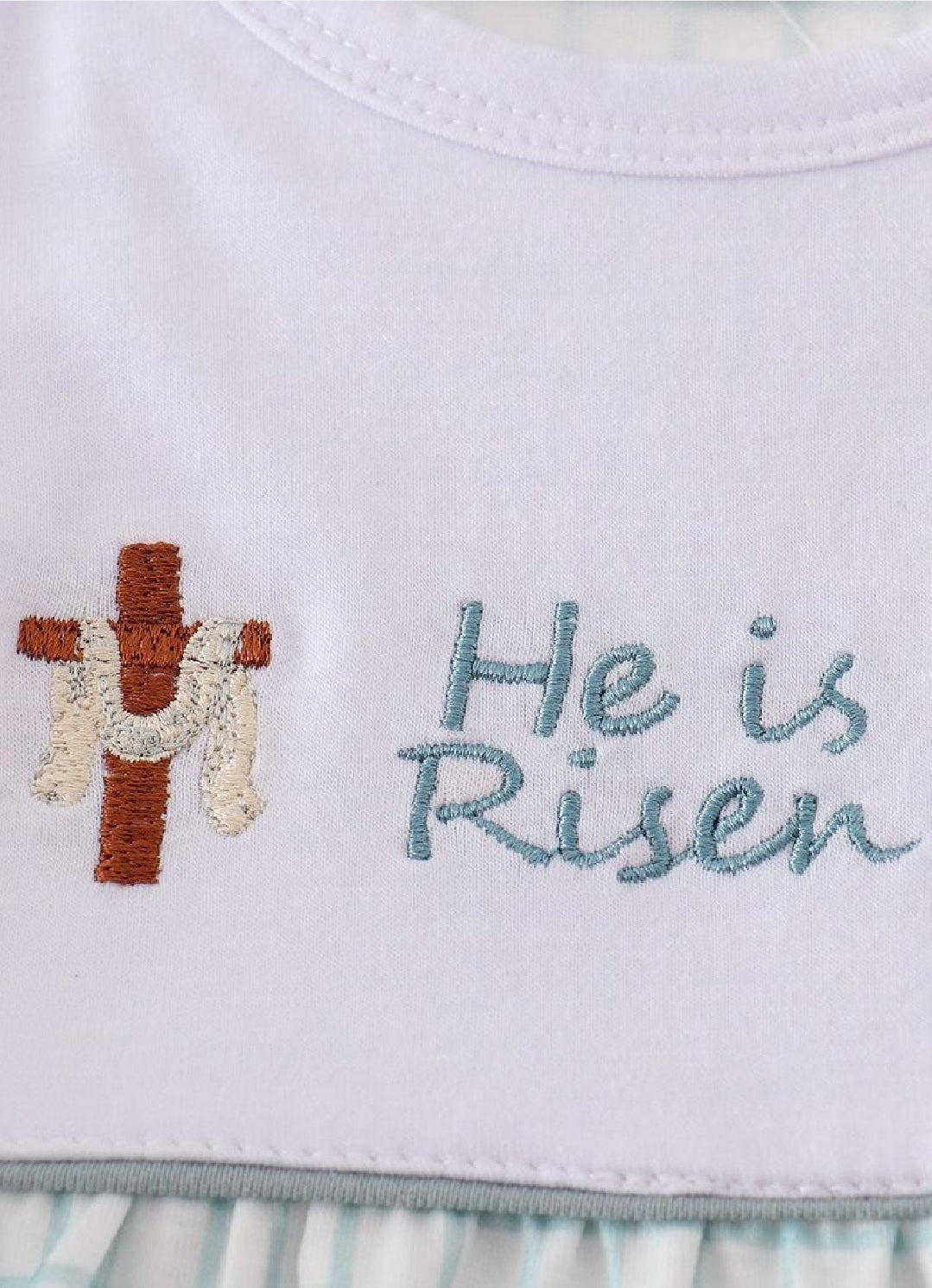Boy's Boutique Blue Easter He Is Risen Applique Embroidered Embroidery Romper Outfit Matching Sibling