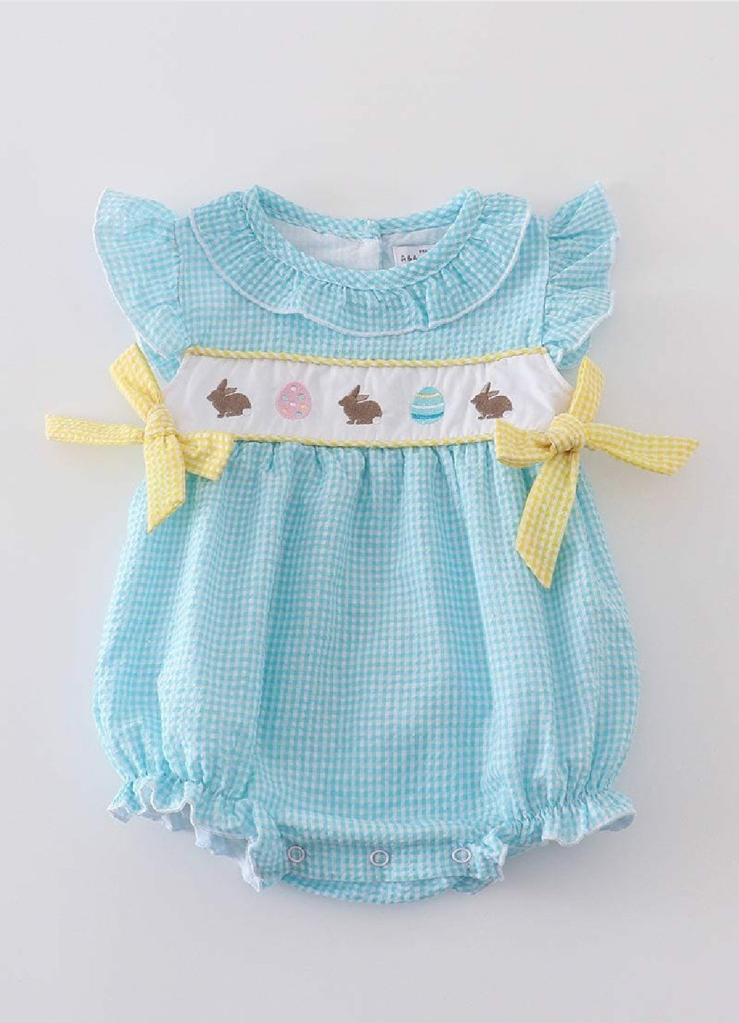 Girl's Premium Boutique Mint Easter Bunny Egg Gingham Embroidered Bubble Romper Outfit Matching Sibling