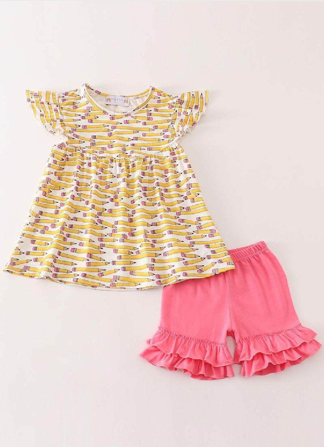 Girl's Boutique Yellow Pink Pencil BTS School Ruffle 2 Piece Set Shorts Tunic Sibling Matching