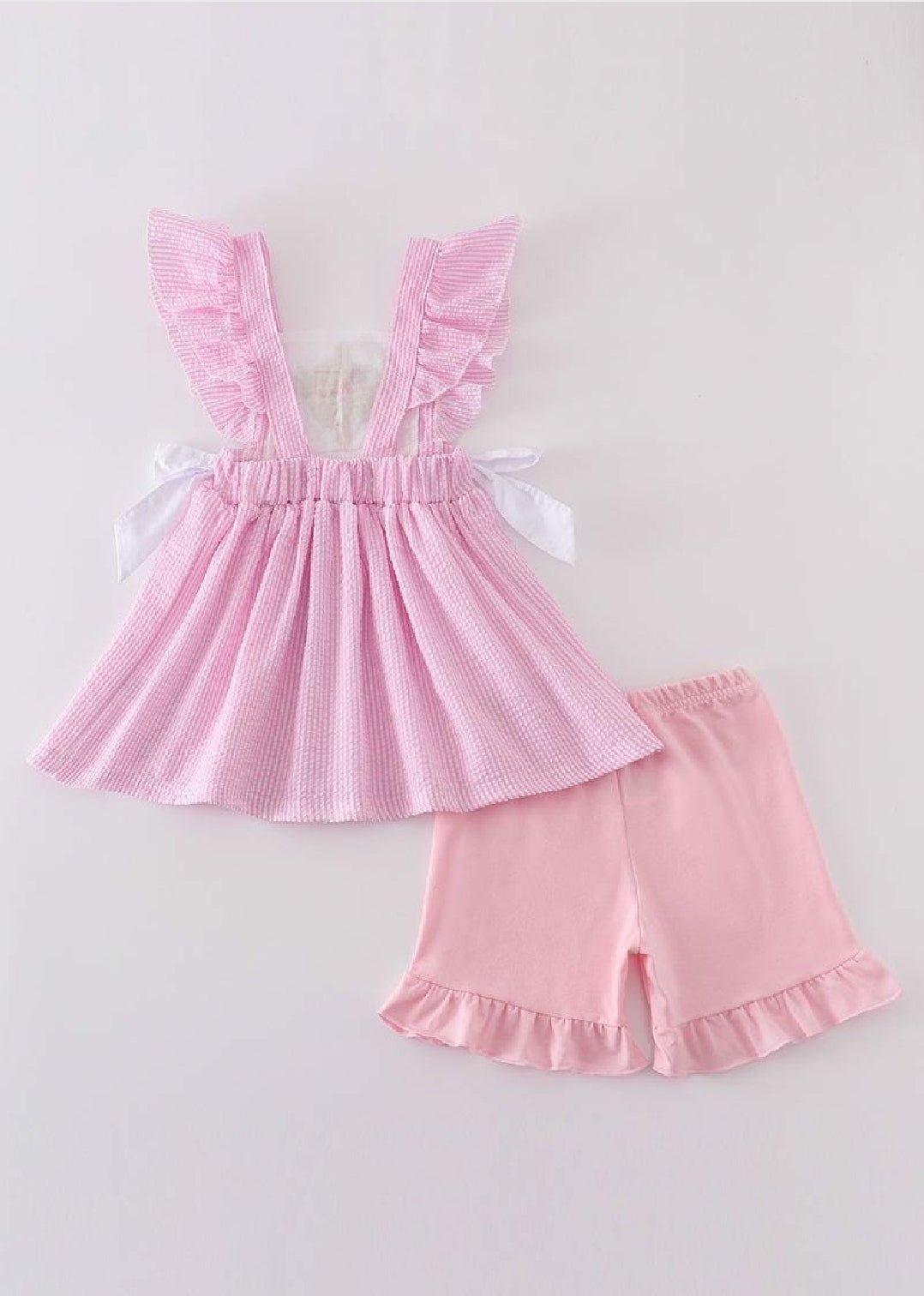 Girl's Boutique Pink Easter Cross Seersucker Lace Girl Embroidered Embroidery Two Piece Set Outfit Matching Sibling