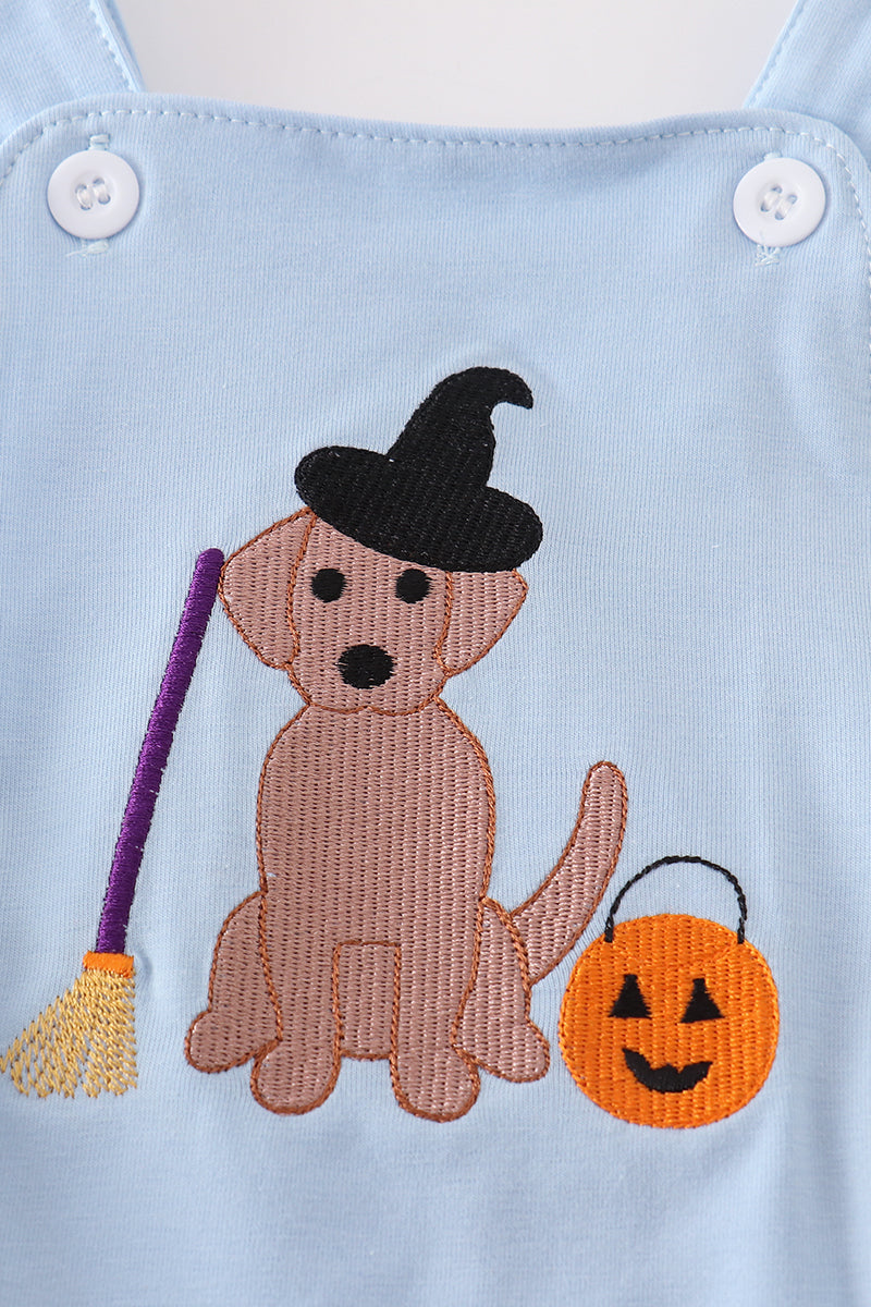 Boy's Boutique Blue Halloween Witch Dog Embroidered Embroidery Romper Matching Sibling