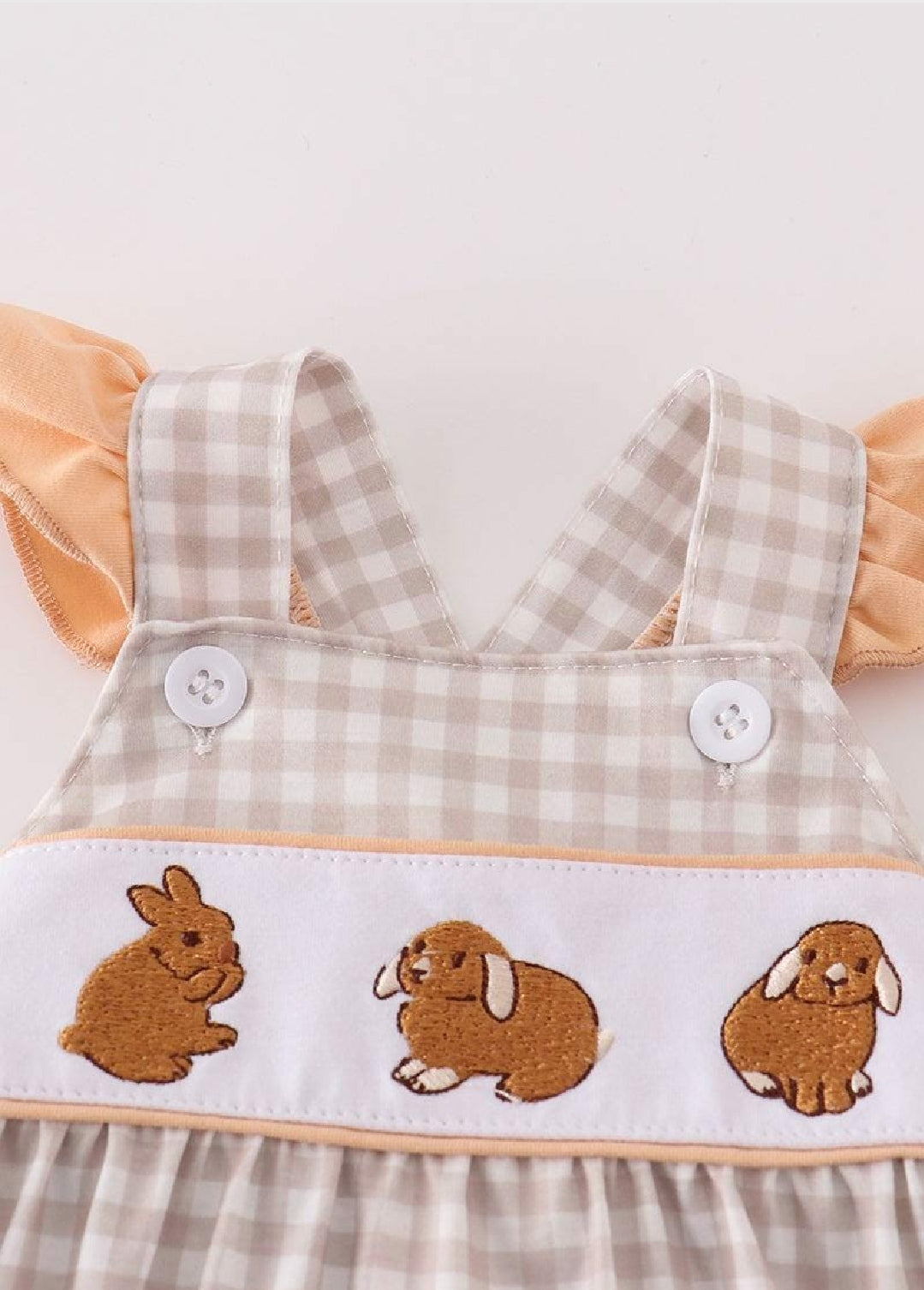 Girl's Boutique Easter Tan Bunny Bunnies Applique Embroidered Embroidery Ruffle Romper Outfit Matching Sibling