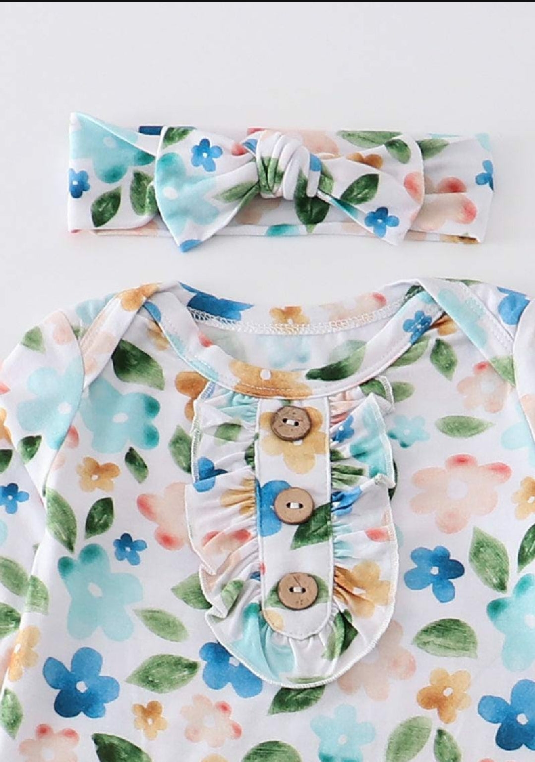 Girl's Boutique Blue Floral Print Bamboo Baby Knot One Piece Outfit And Matching Headband