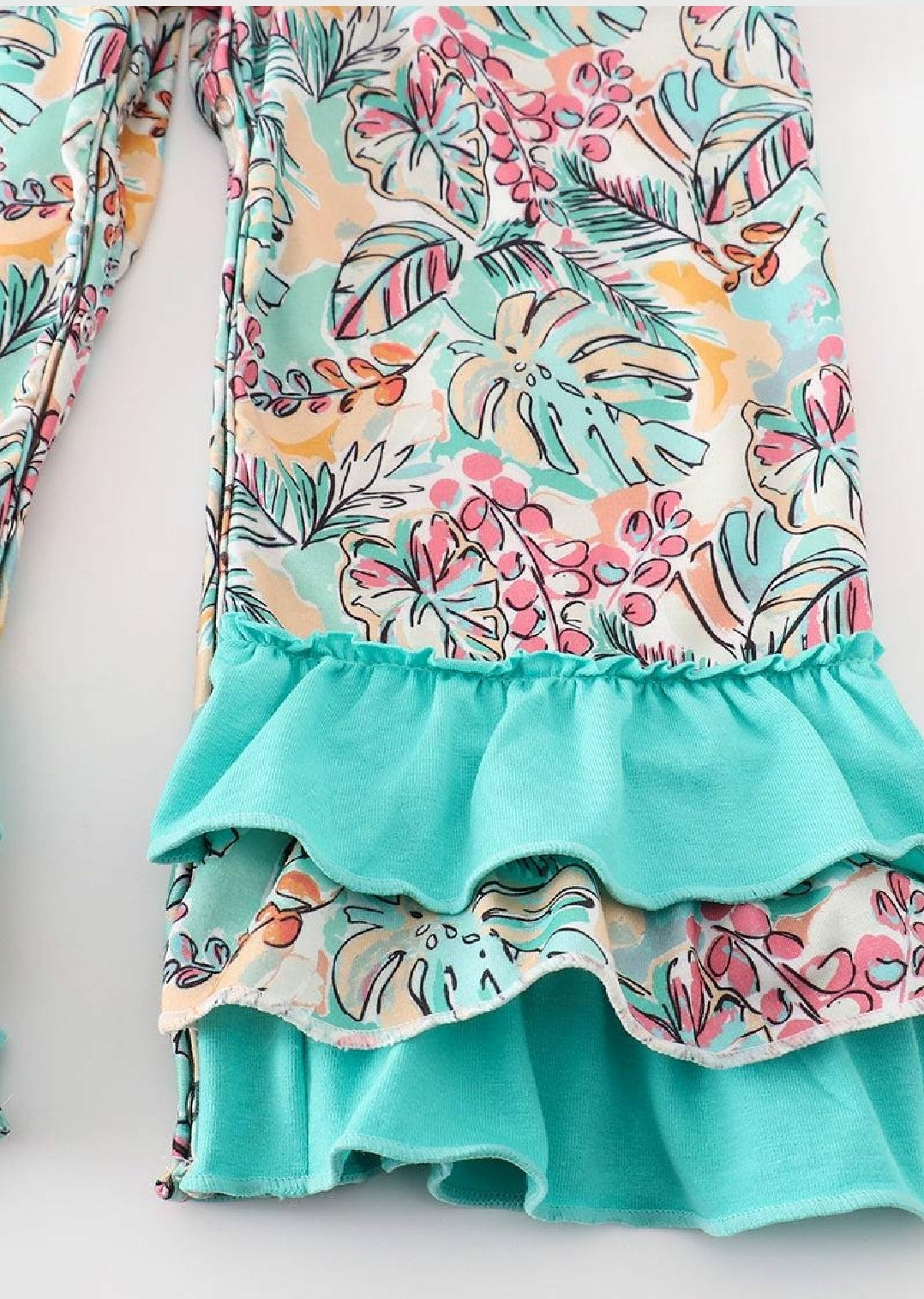 Girl's Boutique Teal Floral Print Forest Animal Embroidered Embroidery Baby Toddler 2PC Jumpsuit Set Matching Sibling