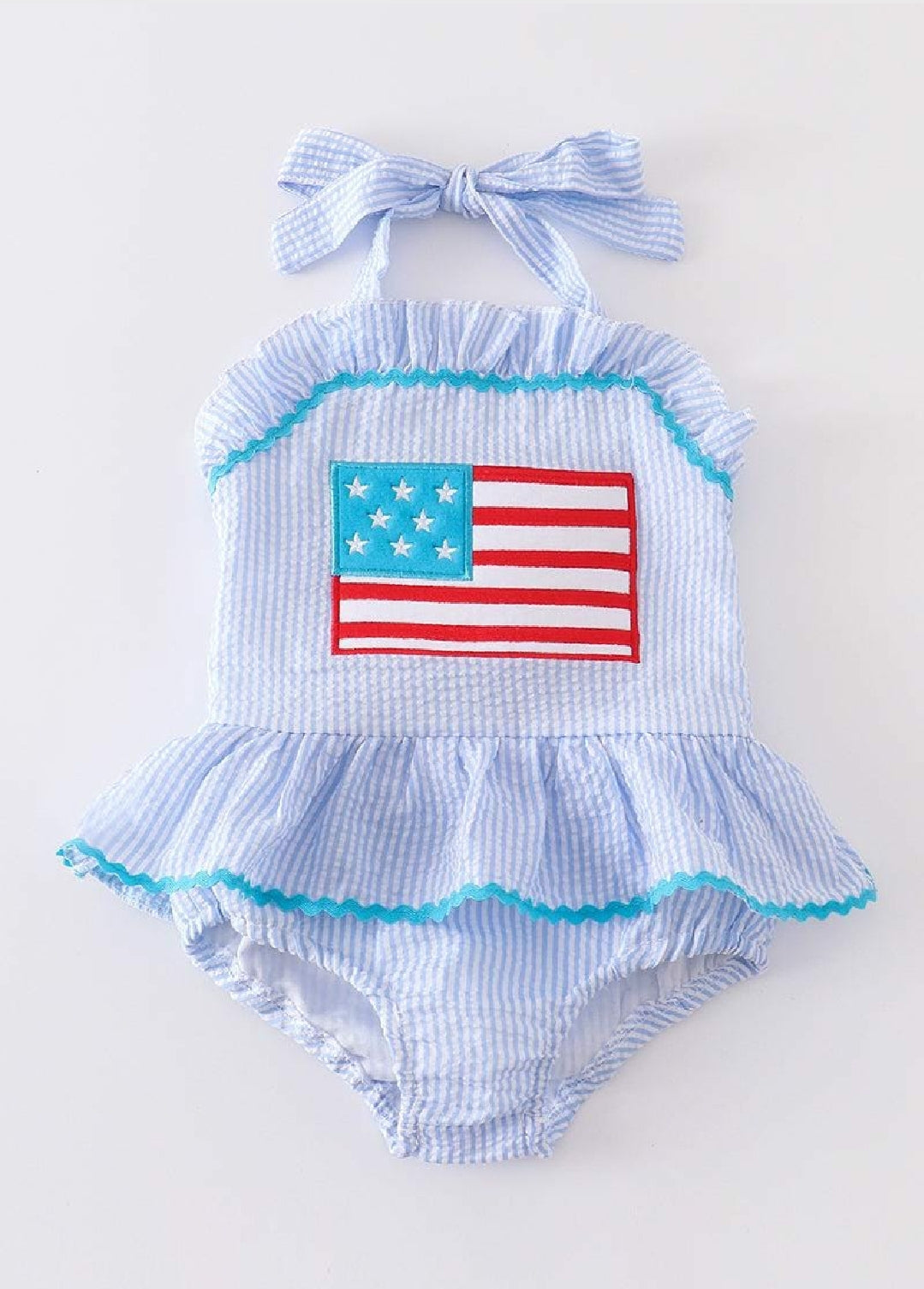Girl's Boutique Seersucker Patriotic Flag Embroidered Embroidery 4th Of July One Piece Swimsuit Matching Sibling