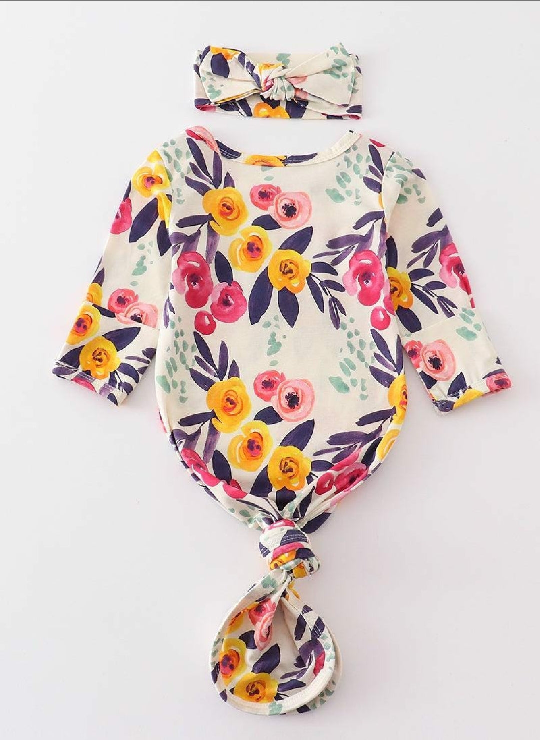 Girl's Boutique Spring Floral Print Bamboo Baby Knot One Piece Outfit And Matching Headband