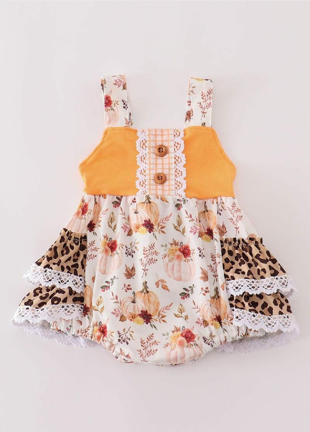 Girl's Boutique Orange Pumpkin Leopard Bubble Romper Fall Thanksgiving Sibling Matching