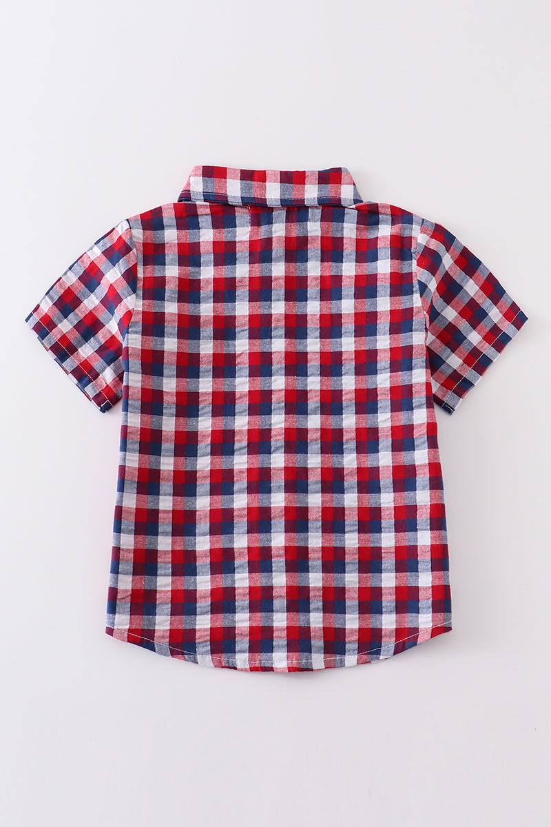 Boy's Boutique Premium Patriotic Plaid Flag Button Down Top Shirt 4th of July Sibling Matching