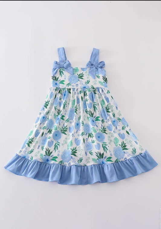Girl's Boutique Cotton Tranquil Garden Floral Bow Dress Mommy And Me Sibling Matching
