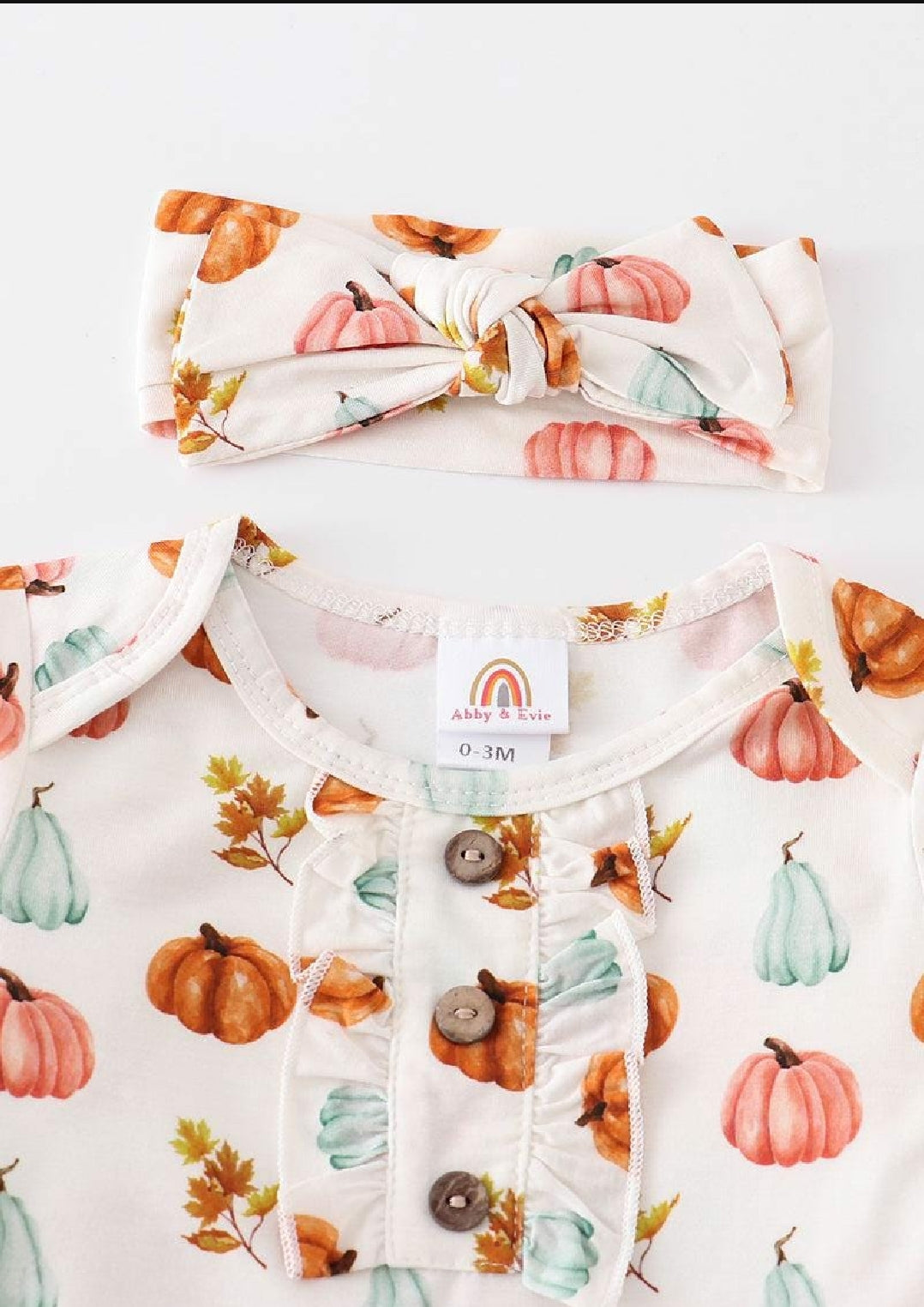Girl's Boutique Pumpkin Print Bamboo Baby Knot One Piece Outfit And Matching Headband