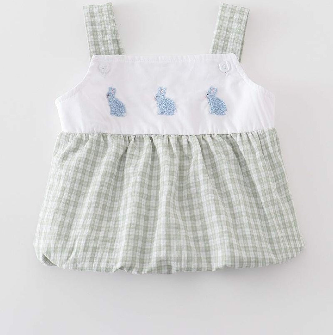 Boy's Boutique Premium Cotton Sage Easter Bunny Embroidered Bubble Romper Outfit Matching Sibling