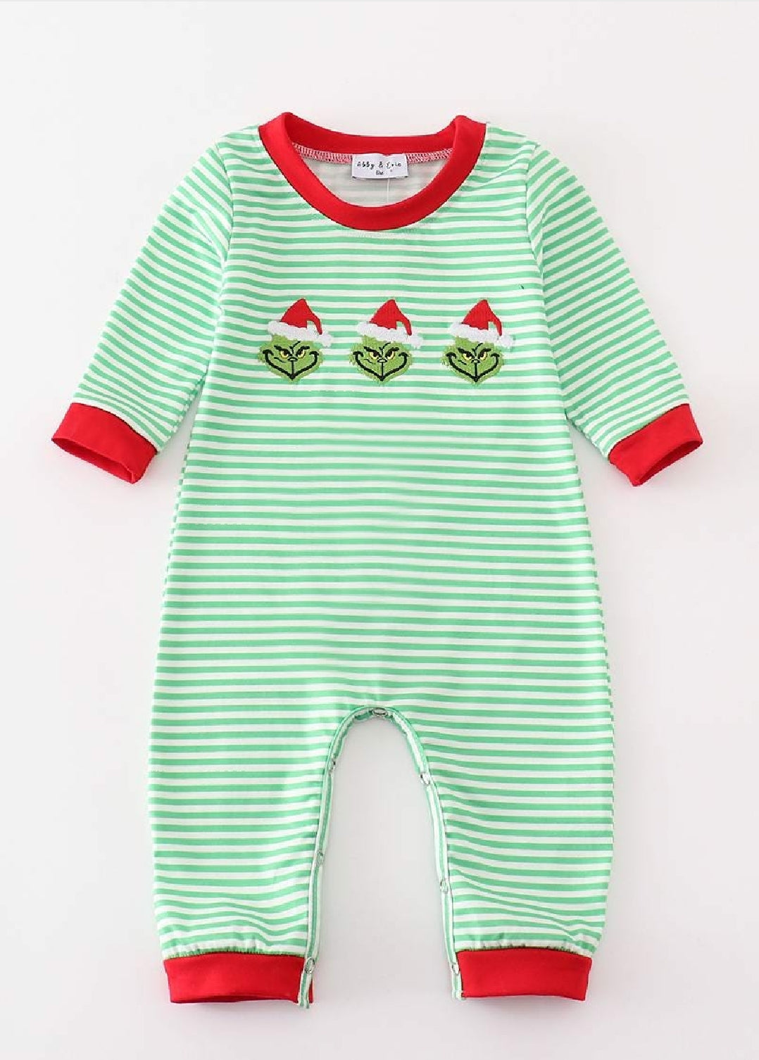 Boy's Boutique Cotton Christmas Green Stripe Green Man Character Applique Embroidered Embroidery Romper Sibling Matching