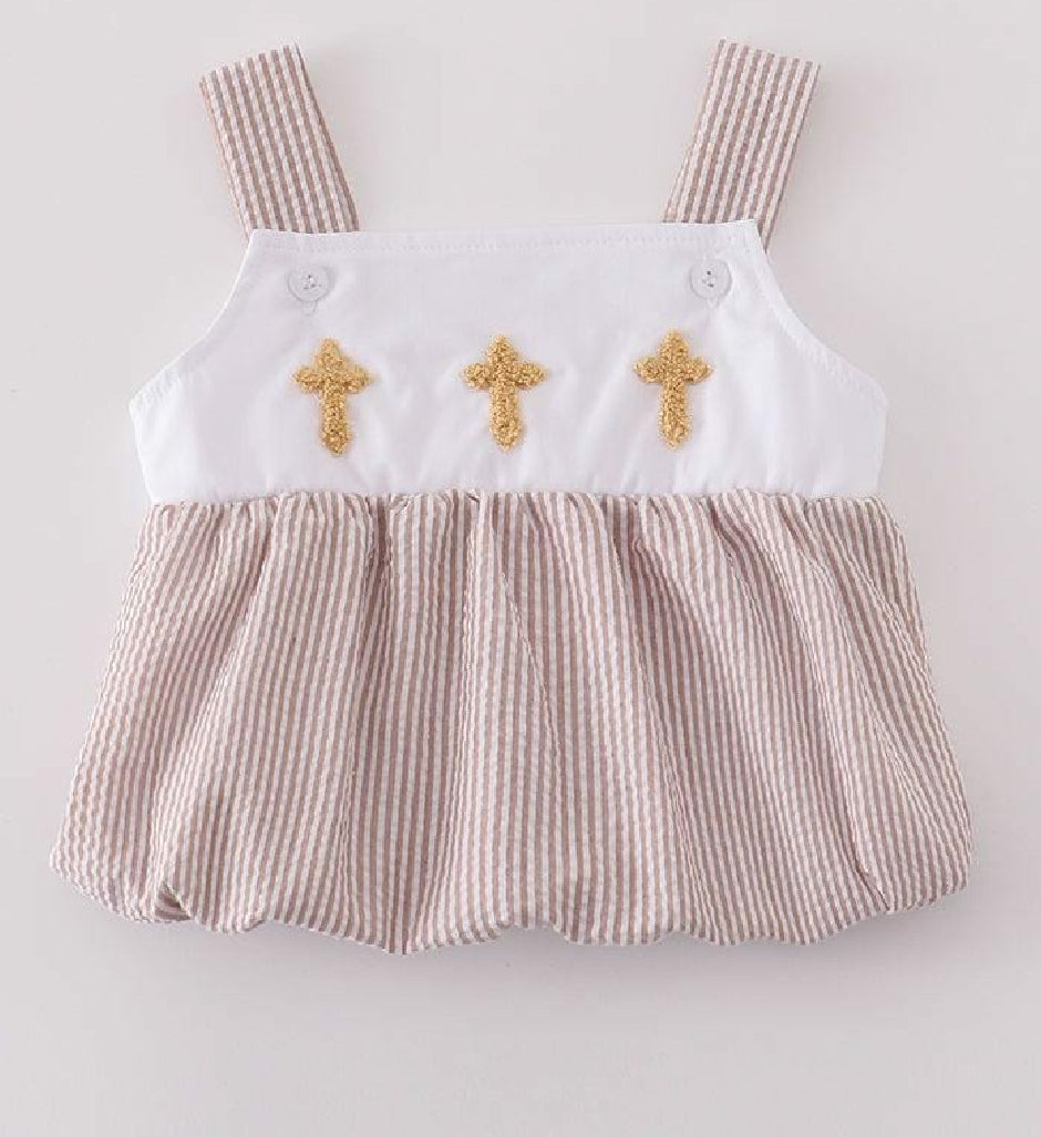 Boy's Boutique Premium White Stripe Easter Cross Brown Embroidered Bubble Romper Outfit Matching Sibling