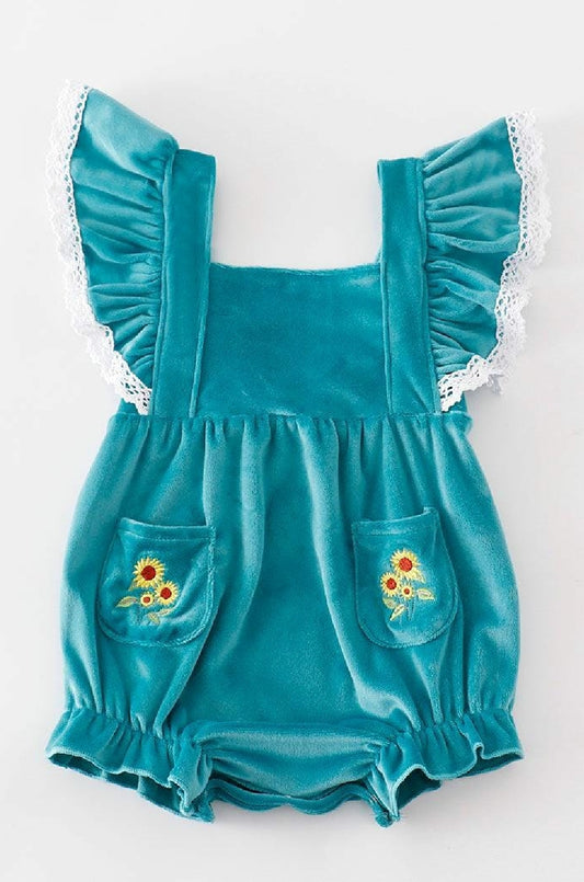 Girl's Boutique Blue Velvet Sunflowes Lace Embroidered Embroidery Bubble Romper Matching Sibling