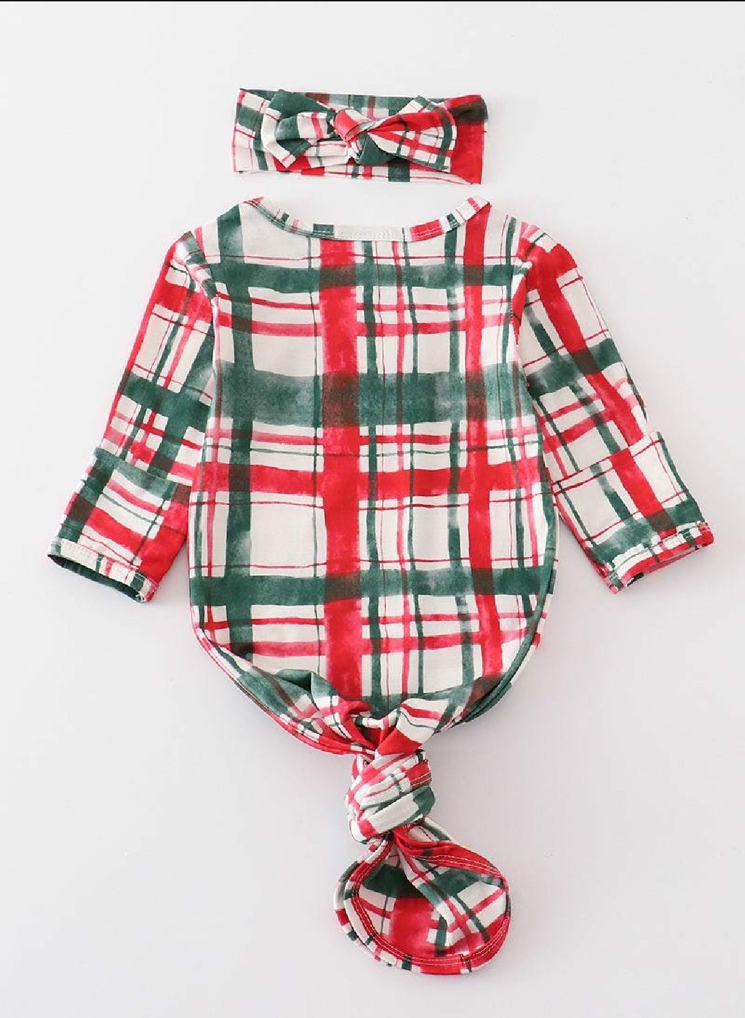 Girl's Boutique Red And Green Plaid Print Christmas Baby Knot One Piece Outfit And Matching Headband