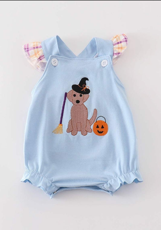 Girl's Boutique Blue Halloween Witch Dog Embroidered Embroidery Romper Matching Sibling