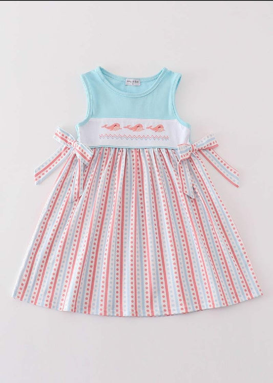 Girl's Blue Whale Embroidered Embroidery Dress Summer Vacation Sibling Matching