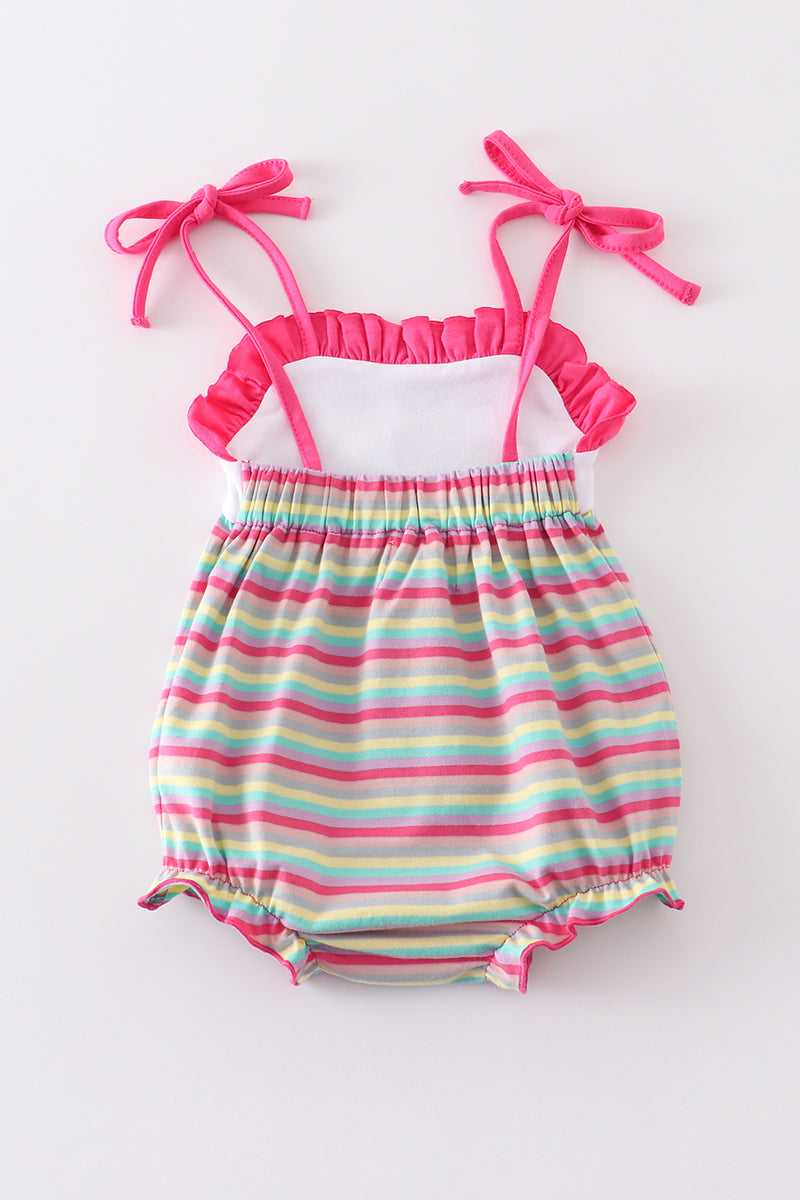 Premium Girl's Easter Egg Stripe Strap Bubble Romper Sibling Matching Embroidered Chick's Eggs