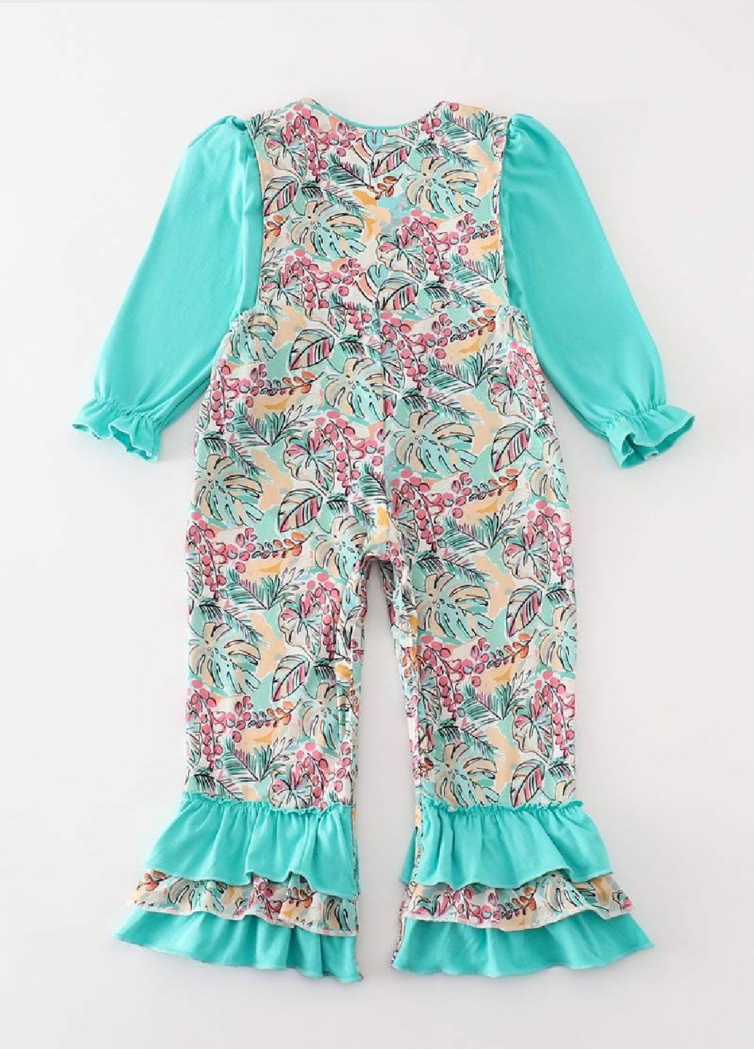 Girl's Boutique Teal Floral Print Forest Animal Embroidered Embroidery Baby Toddler 2PC Jumpsuit Set Matching Sibling